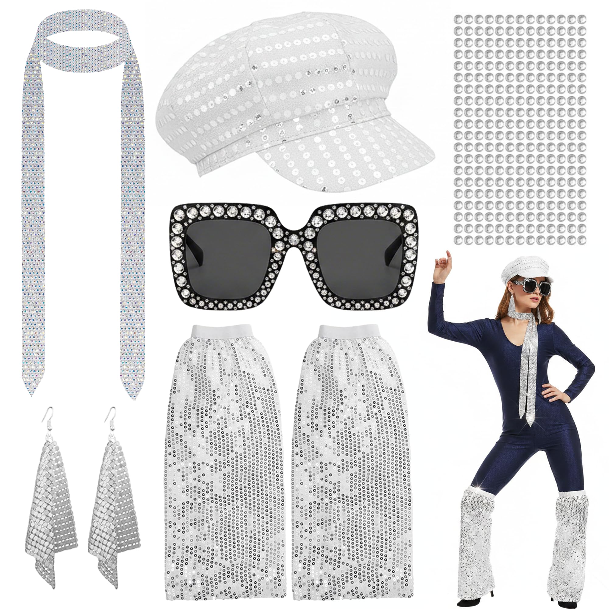 Fictoria 70s Disco Costume Set for Women - 6Pcs Silver Disco Accessories with Sequin Hat Bling Sunglasses and Leg Warmers, Abba Fancy Dress Kit for 1970s Theme Party Birthday Halloween