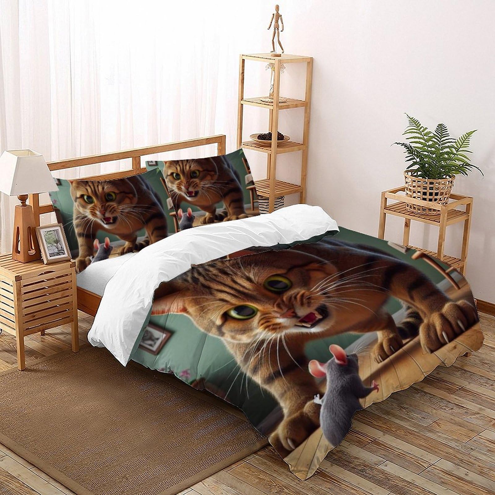 Literie microfibre chat et souris : housse de couette king 220x240cm pour chambre d'enfant douce