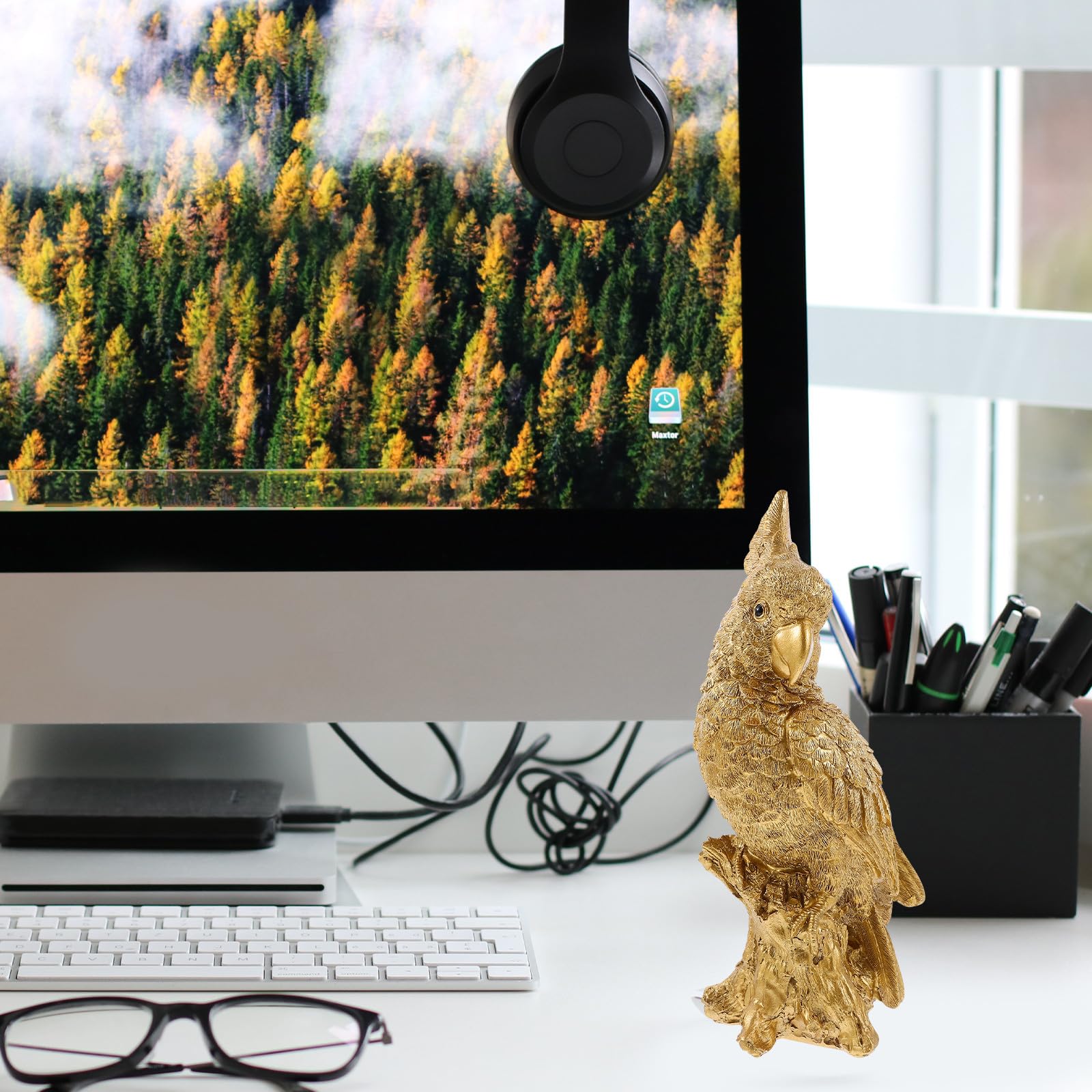 Figura Decorativa de Loro de Resina Dorada, Portátil y Fácil de Limpiar, Adecuado para Decoración de Mesa en Sala de Estar y Escritorio Familiar