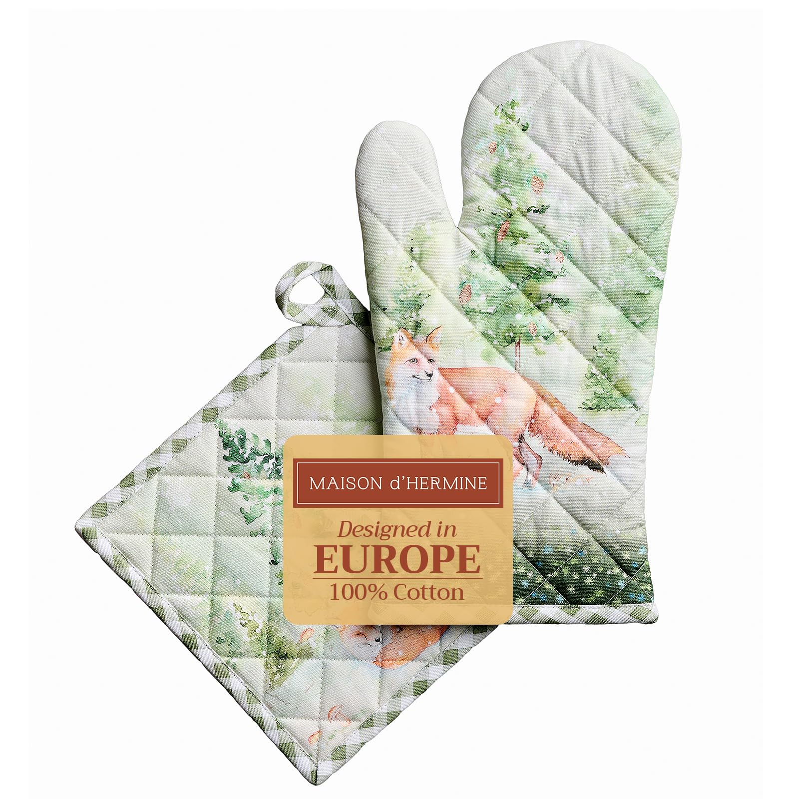 Maison D' Hermine 098 - Winter Mornings 100% Cotton Oven Mitt & Pot Holder Set (19 X 33 Cm & 20 X 20 Cm) Heat Resistant Bbq Cooking Gloves With Loop For Christmas Decorations Baking Handling Hot Pans (Winter Mornings)