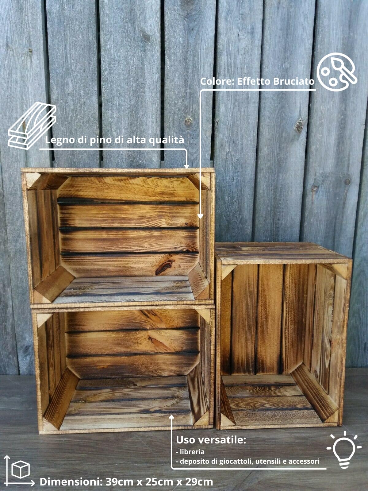 Cassette in legno effetto legno bruciato - misura media, adatte ad essere utilizzate come contenitori decorative, resistenti e pulite 35x25x18 (Effetto Bruciato 8 Cassettine, 35x25x18)