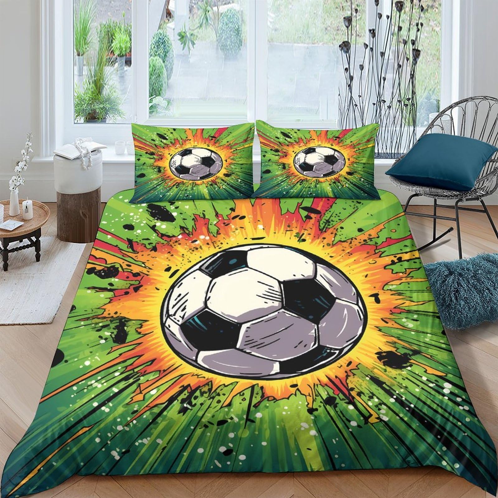 XFKLYNVCJ 3D Printed Soccer ball explosion Duvet Cover Microfiber comic book style Comforter Cover Stain Resistant Fade Resistant Hypoallergenic No Iron for Guest Room Daily Use Super king（260x220cm）