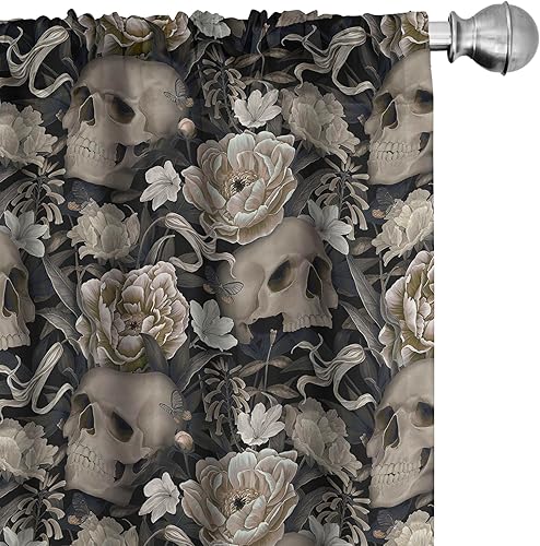 Ambesonne Gothic Curtains, Vintage Baroque Floral Skulls with Garden Flowers Flourishing Leaves, Window Treatments 2 Panel Set for Living Room