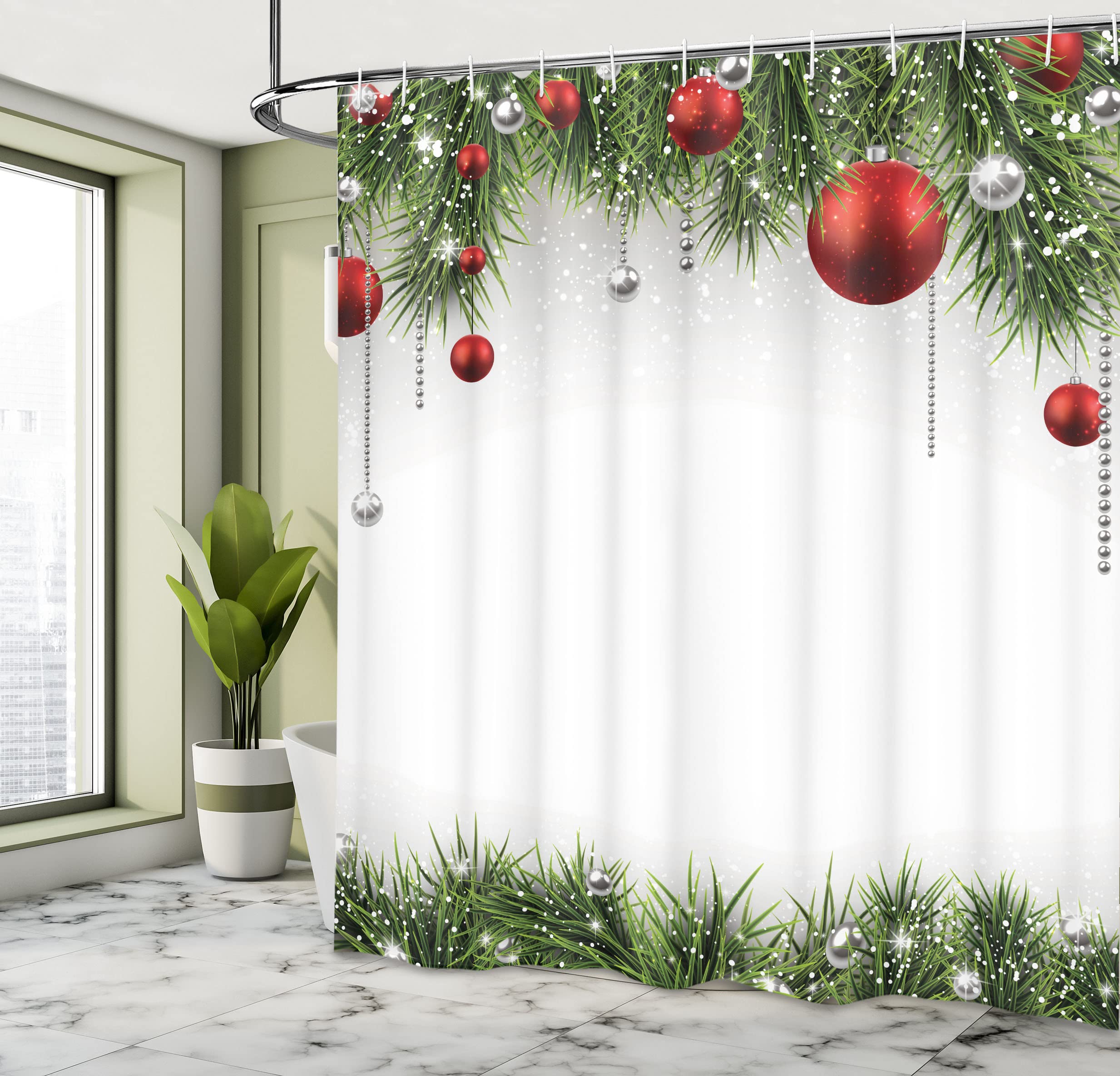 Rideau De Douche Noël ABAKUHAUS - Motif Guirlande Sapin - 175x180 Cm - Polyester Hydrofuge - 12 Crochets Inclus