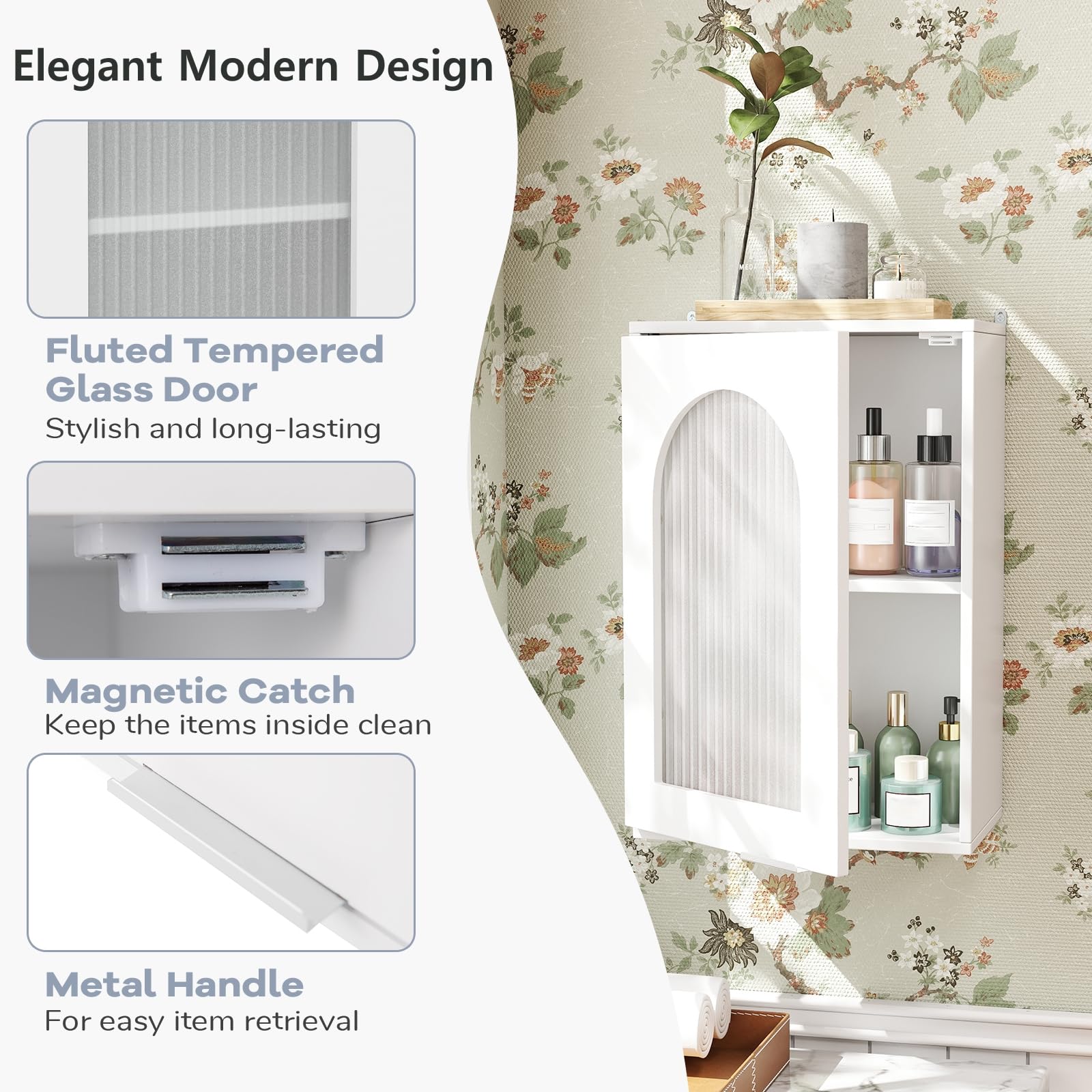 LIFEZEALMeuble de Salle de Bain Mural, Meuble de Cuisine Mural, Armoire Murale Suspendue avec Porte en Verre, étagère réglable, Placard, Blanc, Salle de Stockage, Moderne (Blanc, 35 x 20 x 52,5 cm)