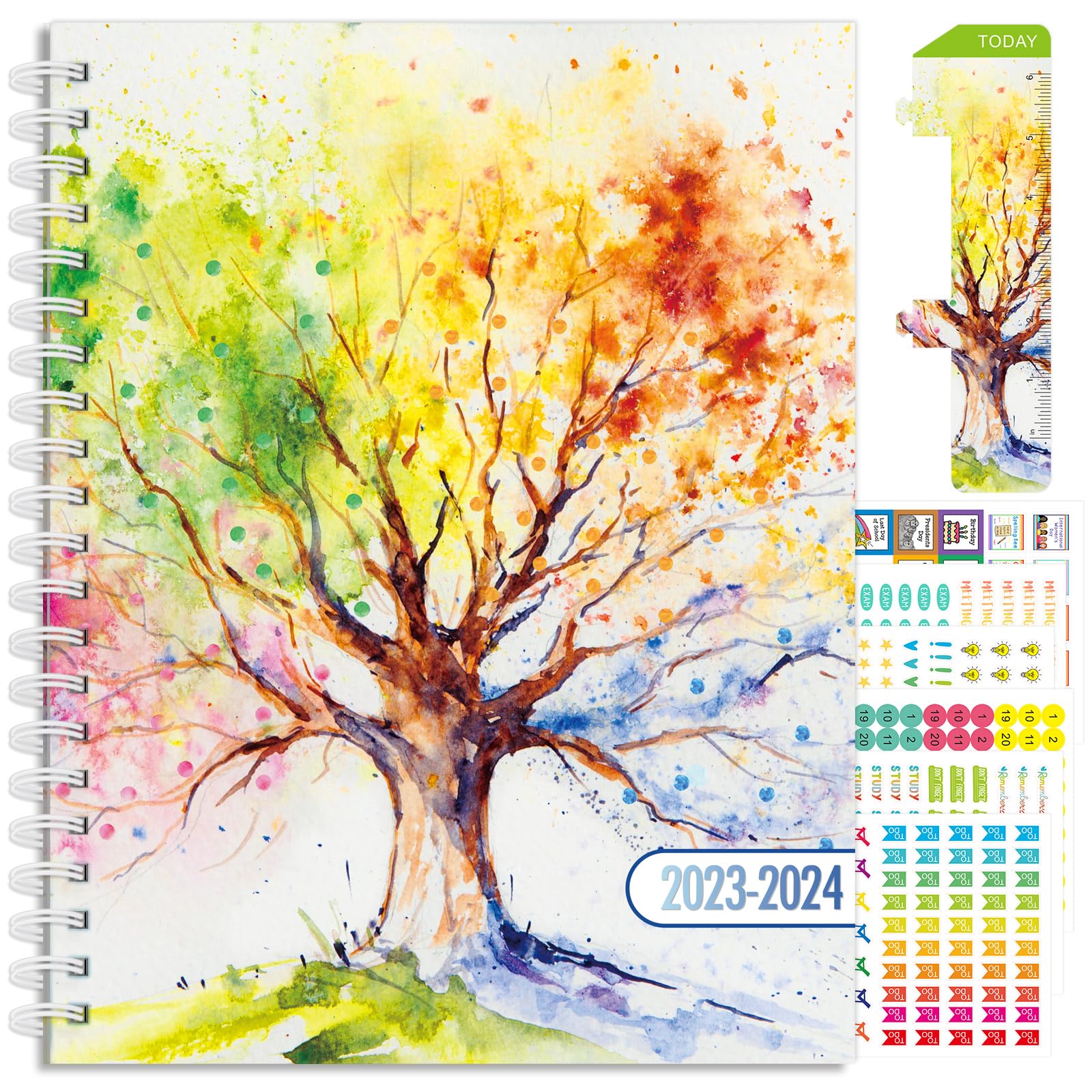 Hardcover Academic Year 2023-2024 Planner: (July 2023 Through June 2024) 8.5"x11" Daily Weekly Monthly Planner Yearly Agenda. Bookmark, Pocket Folder and Stickers Set (Tree Seasons)