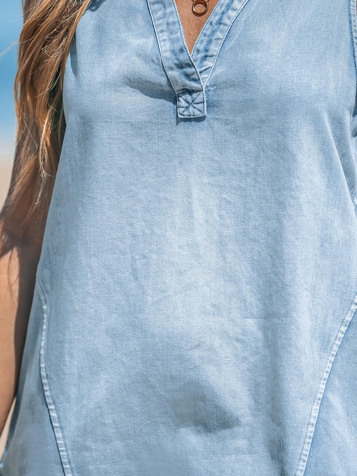 CUPSHE Mini abito da donna, in denim, con scollo a V, senza maniche, casual, estivo, svasato
