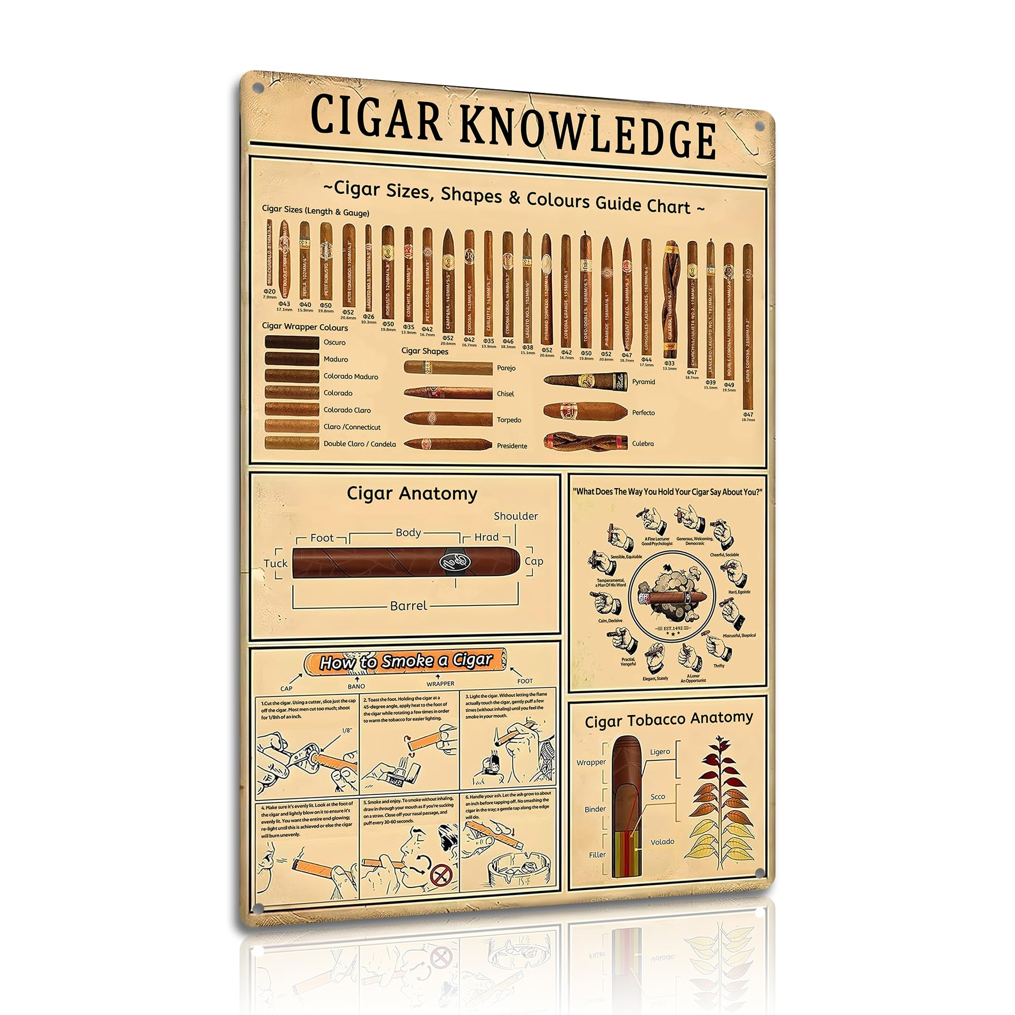 SYRdraw Cigar Knowledge Metal Sign - Sizes Shapes Colors Guide Chart Aluminum Plaque for Humidor & Man Cave 8x12 Inches (2597)