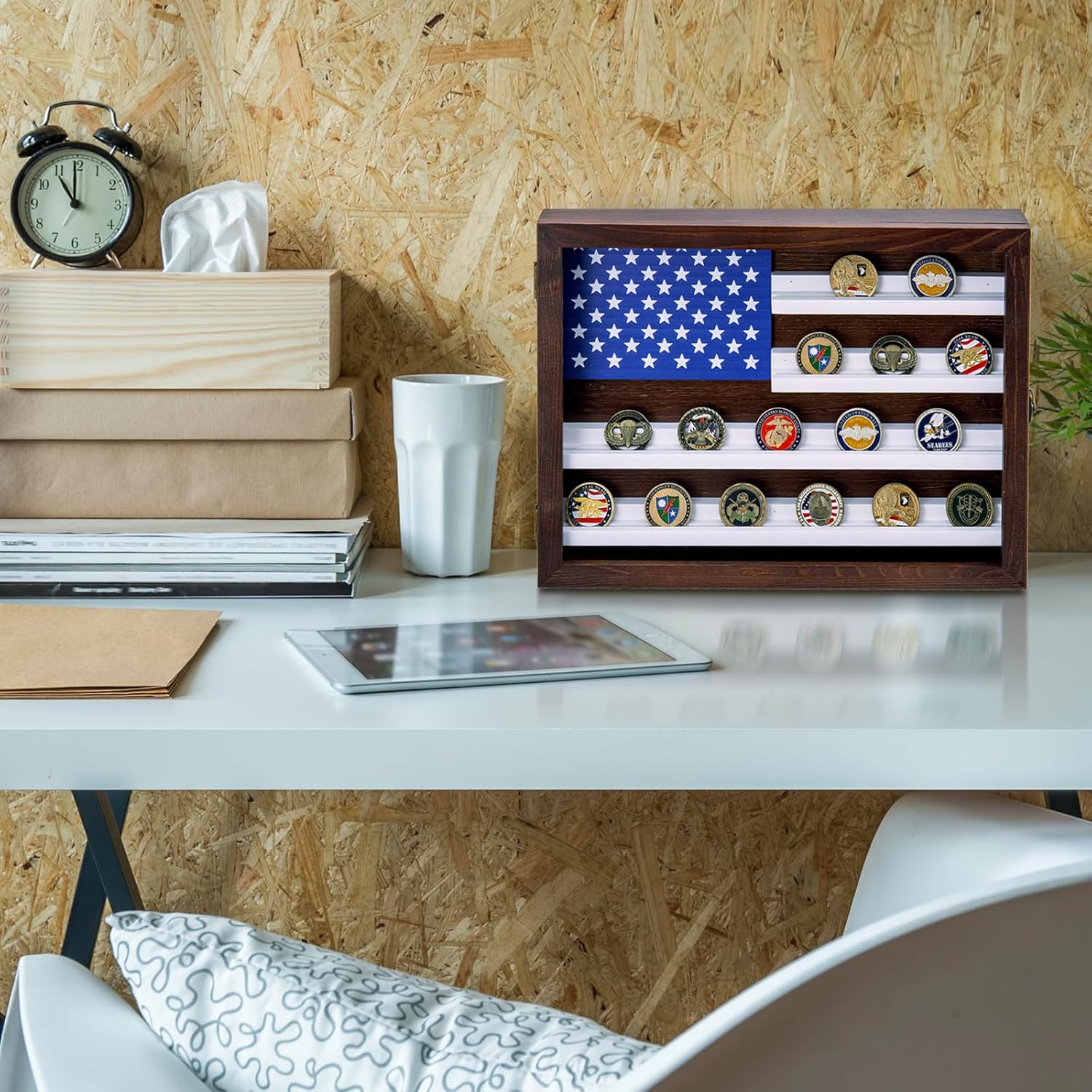 MyGift Wall Mounted Military Challenge Coin Holder Display Shadow Box Cabinet with US Flag American Star Spangled Banner Design