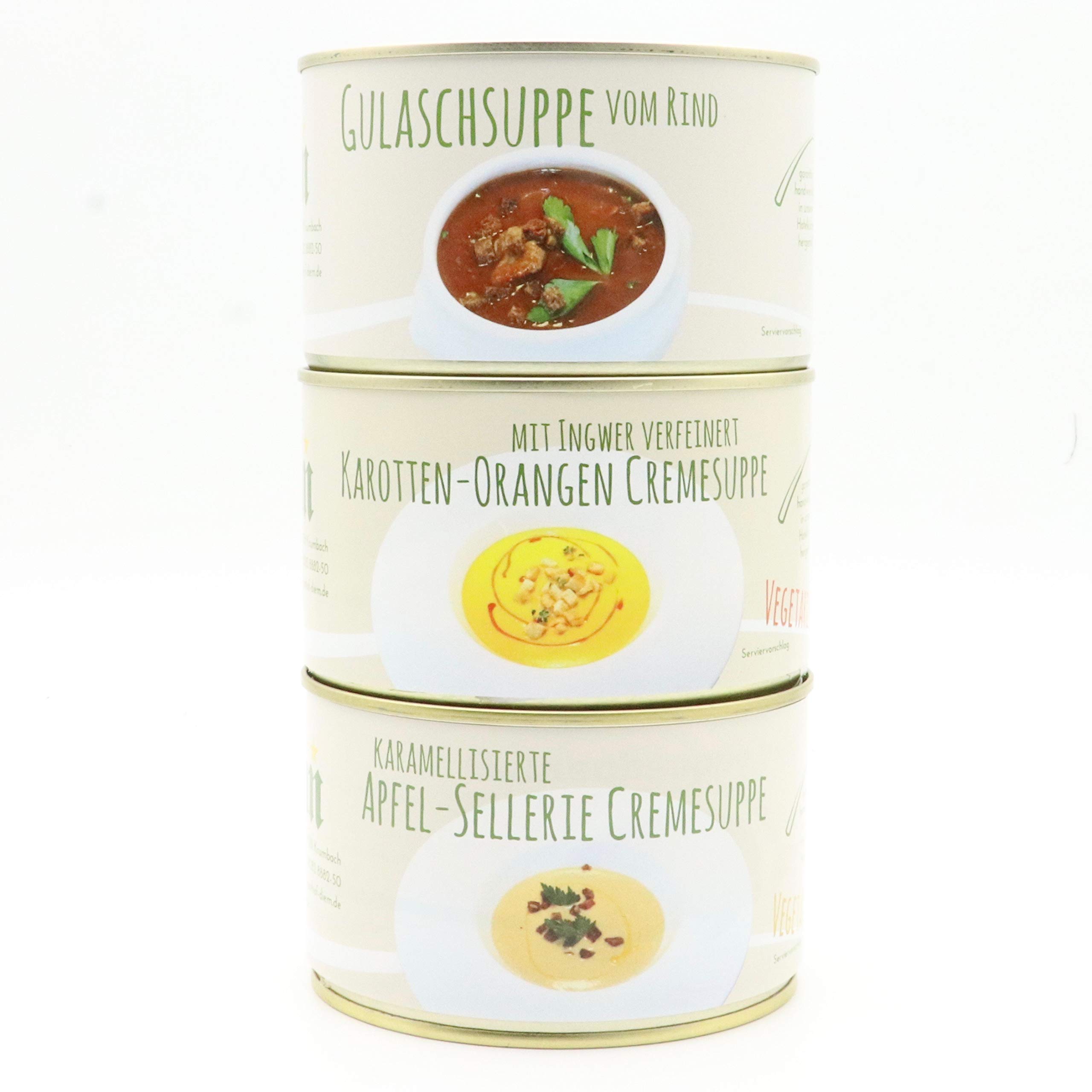 Diem Suppe Paket , Probierpaket - Lieblingssuppe - Apfel Sellerie Suppe, Zwiebelsuppe, Kartoffelsuppe, Karotten Orangen Suppe, Tomatencremesuppe, Gulaschsuppe 6 x 400g Konserve