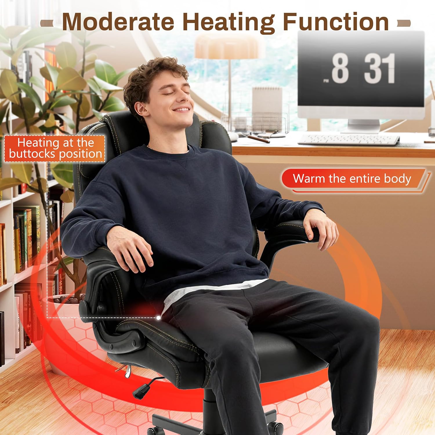 Massage Office Chair, 500LBS Ergonomic Rocking Executive Desk Chairs with 4 Points Vibration&Heat,Padded Flip-up Armrests for Big and Tall Office Chair,Swivel Computer Chair Thicken Back, PU Black
