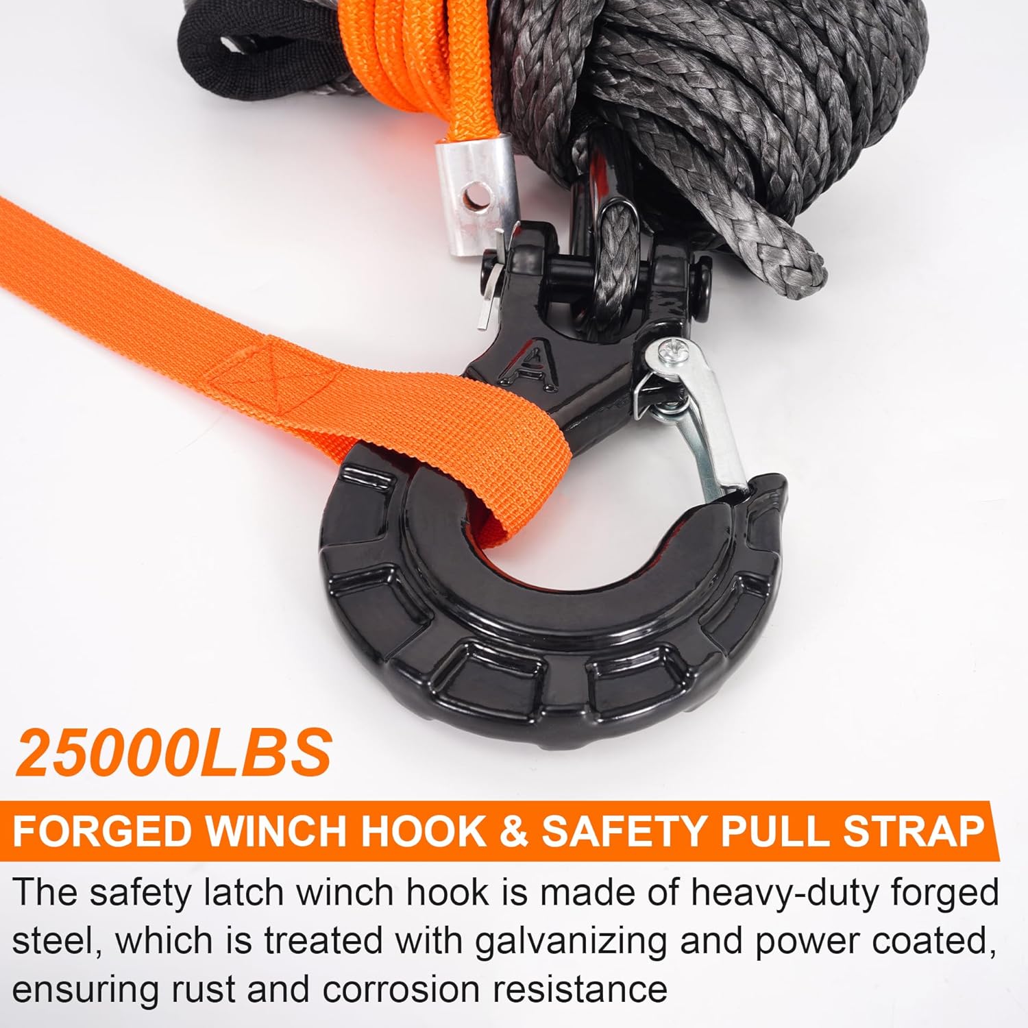 Synthetic Winch Rope Kit, 1/4" x50' Winch Cable with Protective Sleeve, Heavy-Duty Winch Hook and Rubber Stopper, Winch Accessories for Off-Road SUV, UTV, ATV (Black&Orange, 1/4" x50')