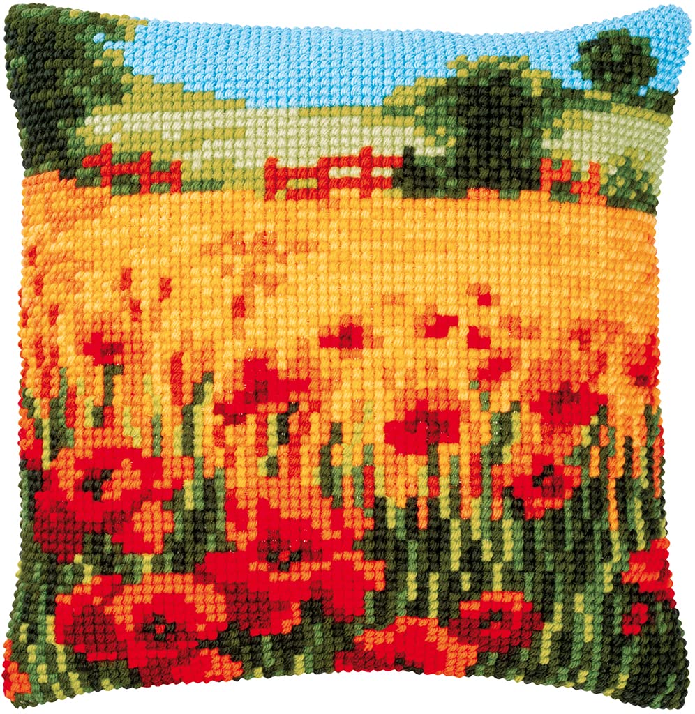 Vervaco Cross Stitch Embroidery Kits Cushion Embroidery Set Beginners Pre-Printed Poppies Landscape DIY Set Creative Set for Adults 40 x 40 cm Craft Kit Craftsman Home Decoration