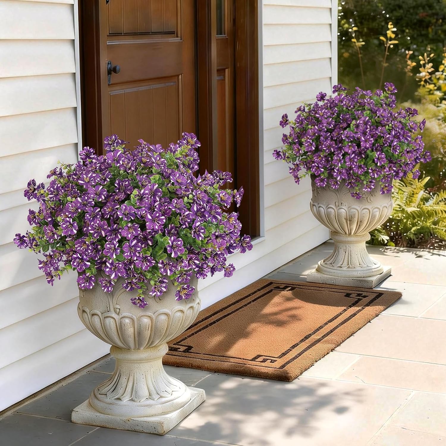 GLIDLION 24 Bundles Artificial Morning Glory & Eucalyptus for Outdoor, Realistic Fake Silk Flower UV Resistant Faux Plant for Front Door Patio Garden Farmhouse Decor (Purple)