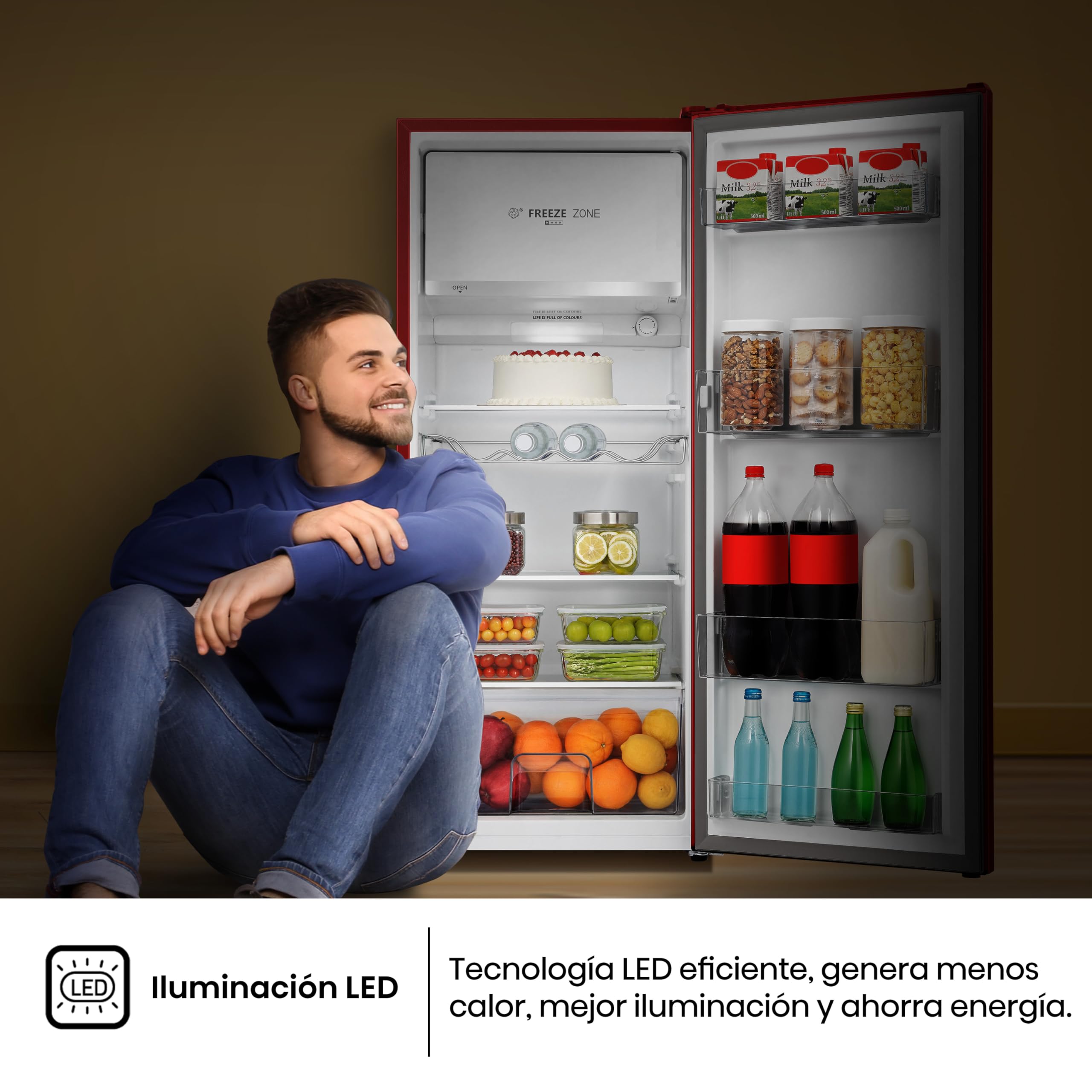 Hisense RR220D4BRE - Frigorífico Una Puerta, Congelador Freeze Zone, 165 L de capacidad, 128 cm alto, Class E, Botellero, Cycle Defrost (Cíclico), Cajón Frutas Y Verduras, Color Rojo