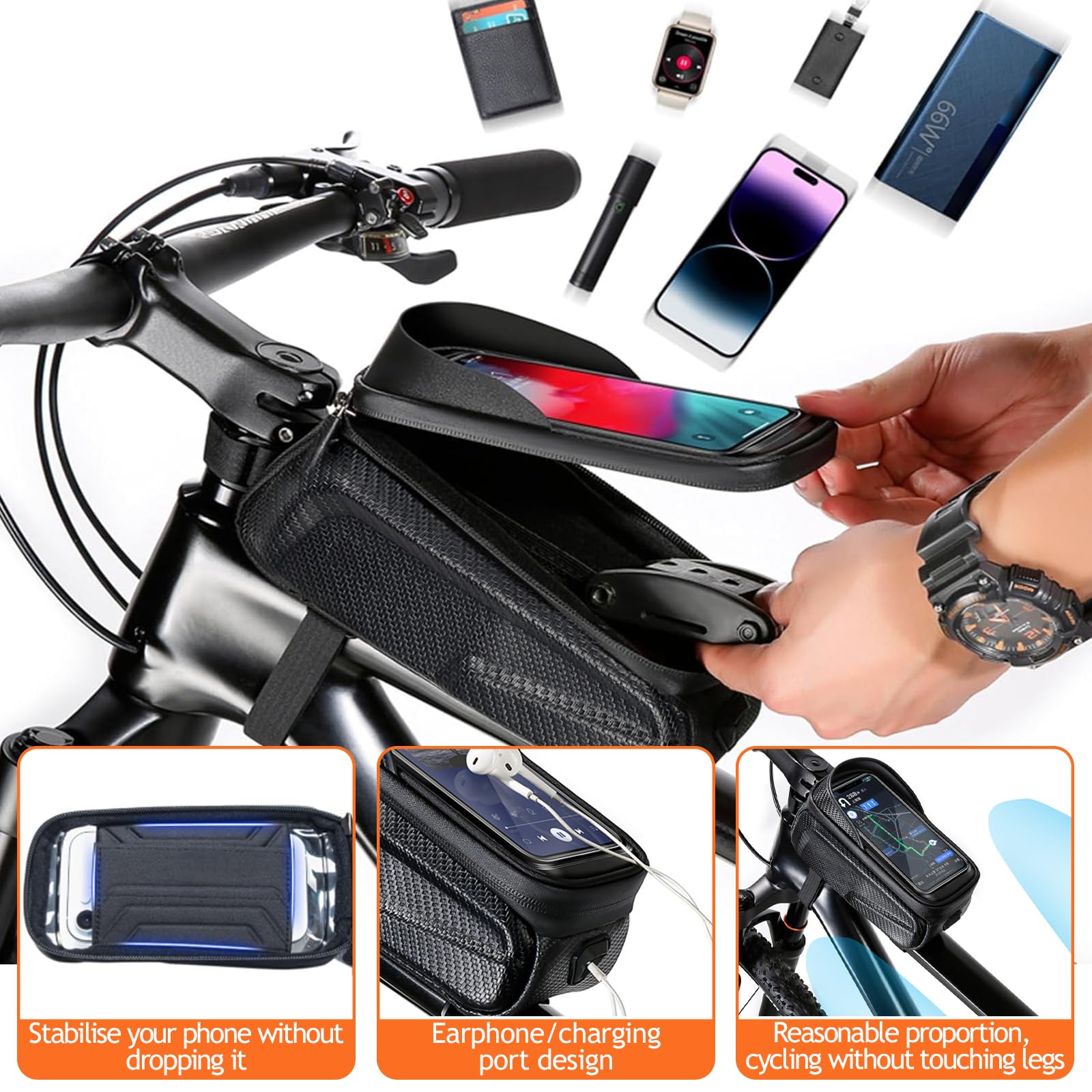 Bolsa Cuadro Bicicleta Impermeable PU, Soporte Teléfono Móvil, Porta-Móvil Bici para Smartphone Hasta 6,8", Accesorio Manillar Bicicleta Montaña con Agujero Auriculares (Negro)