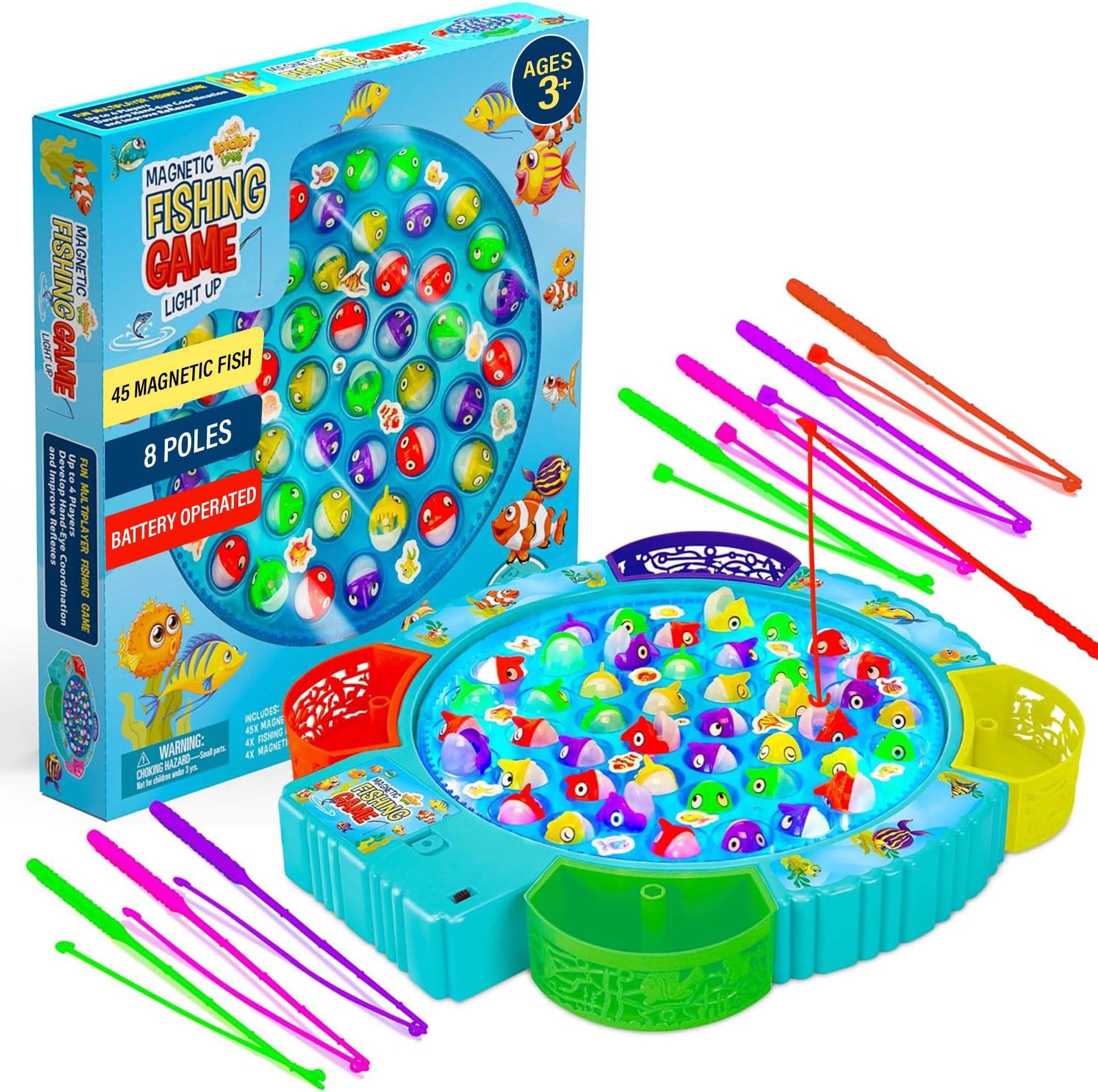IPIDIPI TOYS Fishing Game for Kids with LED, 45 Fish and 8 Poles - Magnetic Fish Toy with Rotating Board & Music - Motor Skill Activity for Boys & Girls 3+ - Party Favors Stocking Stuffers for Kids