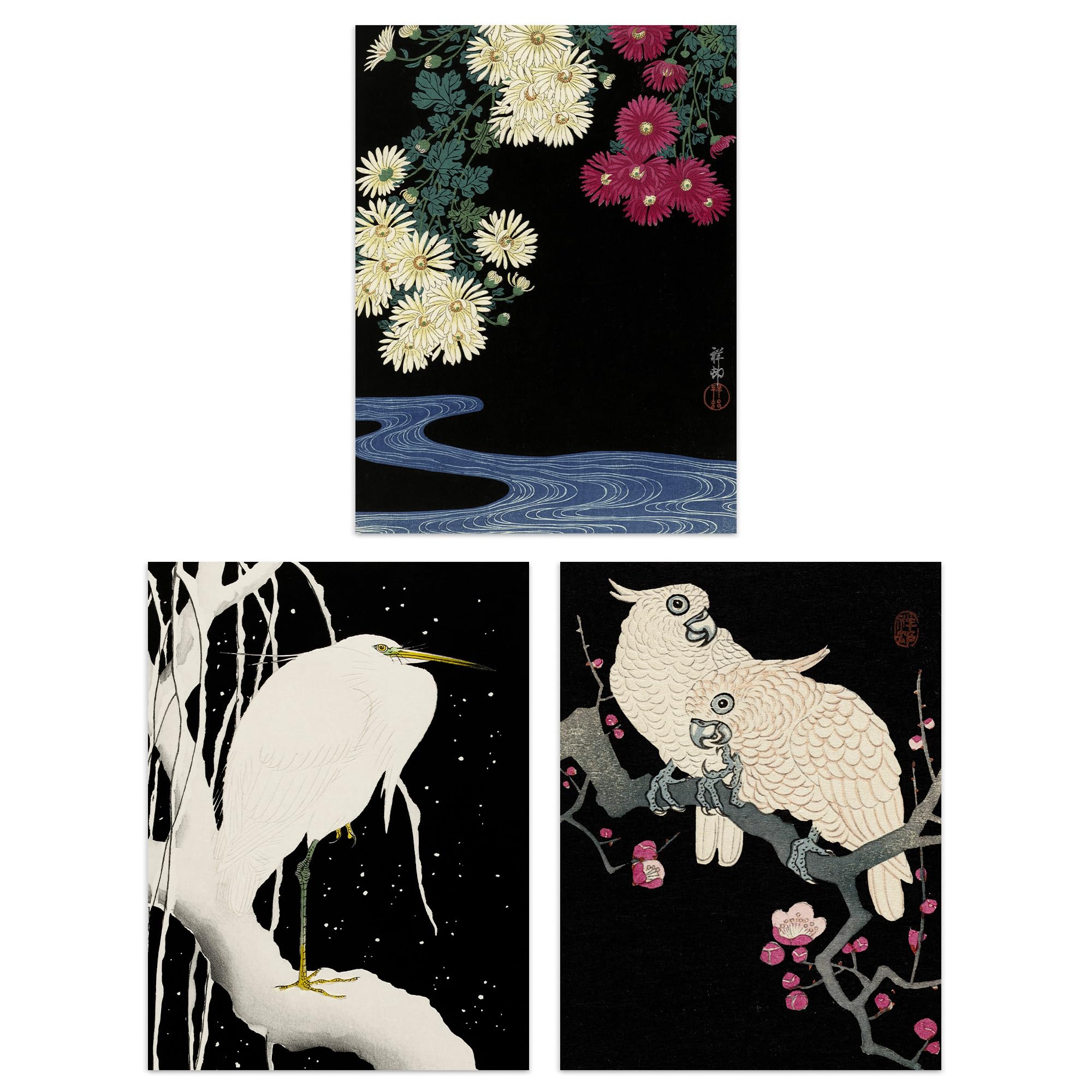 Artery8 Ohara Koson Black - Set Of 3 Pack Of 3 A4 Ohara Koson Japan Kachō-E Bird And Flower Heron Cockatoo Japanese Paintings Unframed Wall Art Living Room Prints Set