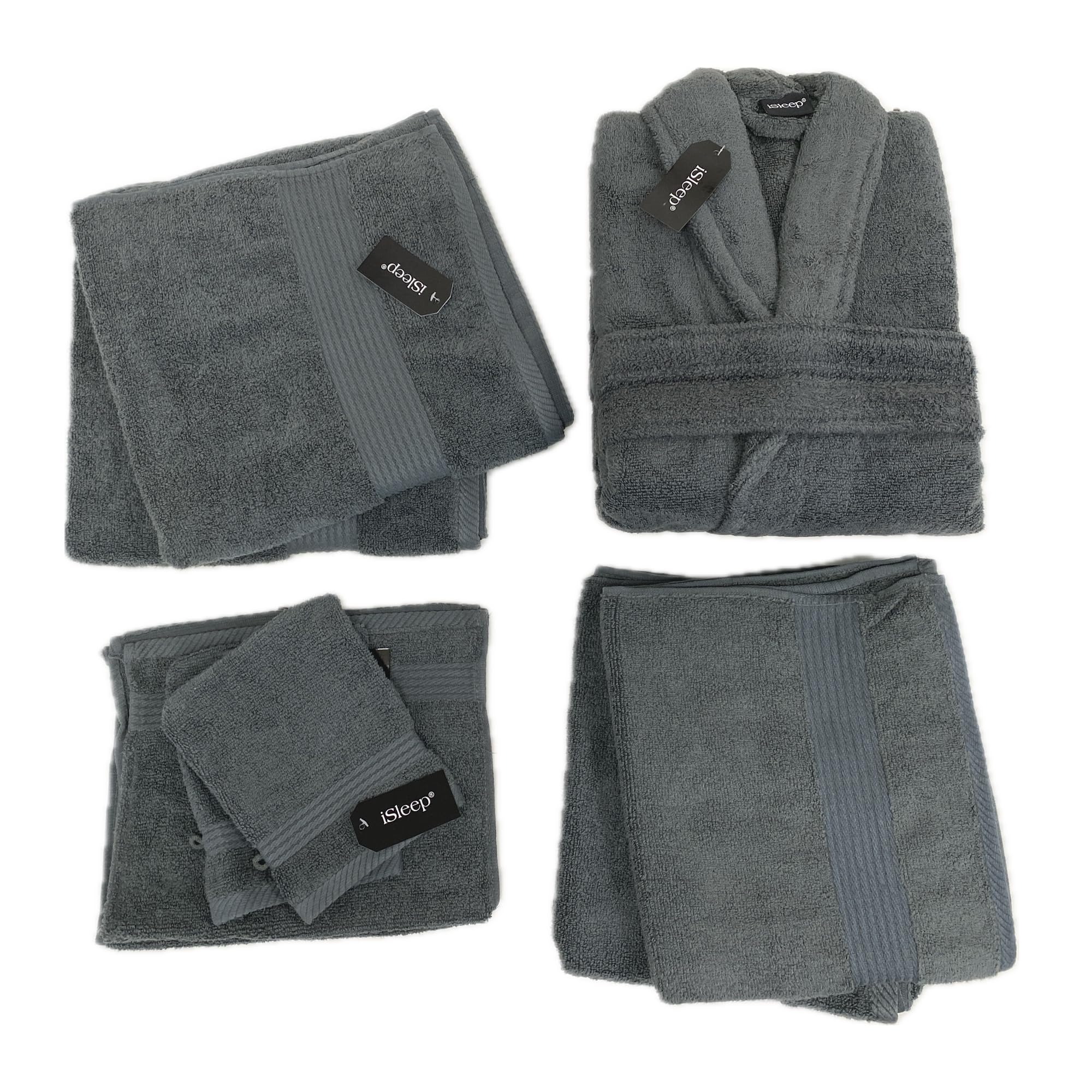 iSleep Set di 9 Asciugamani, 2 Guanti, 2 Teli da Bagno, 1 Accappatoio (Antracite, Extra Large), iSleep-Set9Bath