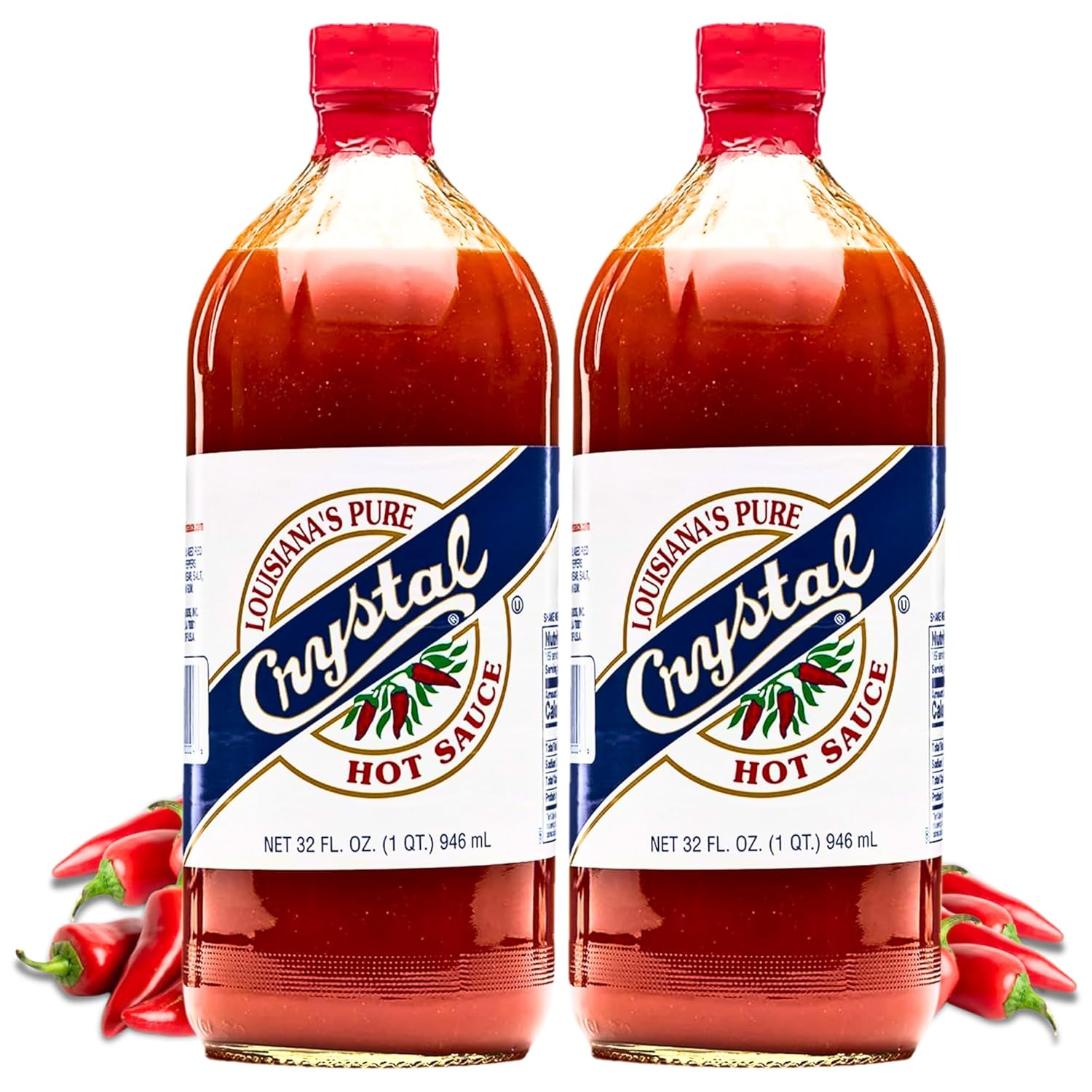 Crystal Louisiana's Pure Hot Sauce, 32 Ounce (Pack of 2) - Aged Cayenne Peppers, Medium Heat, Flavor Gumbo to Bloody Mary's (Exclusive Amazon Recipe Card Included)