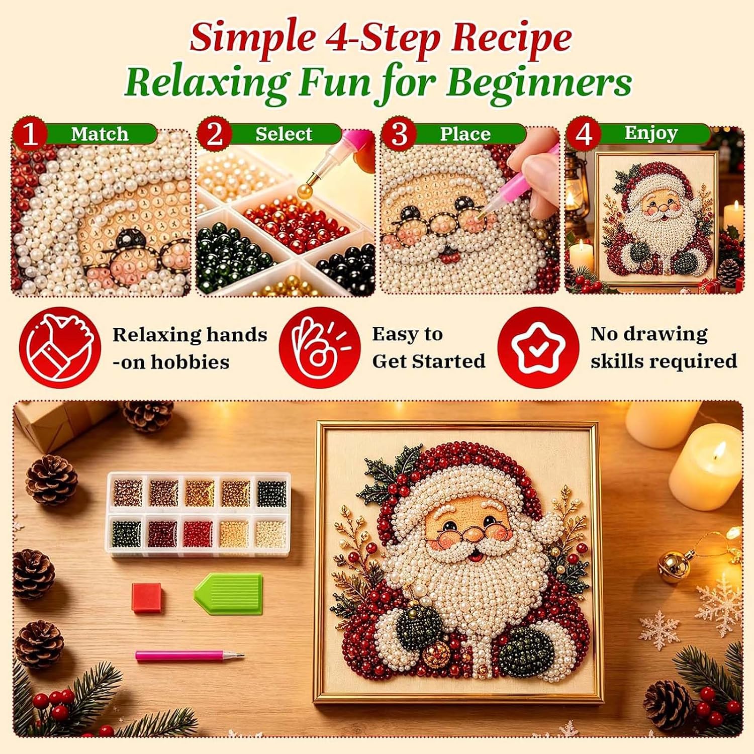 DIY Christmas Pearl Diamond Art Painting Art Kit with Frame, Cute 3D Christmas Diamond Art Kits for Adults Christmas Ornaments（Santa Claus）