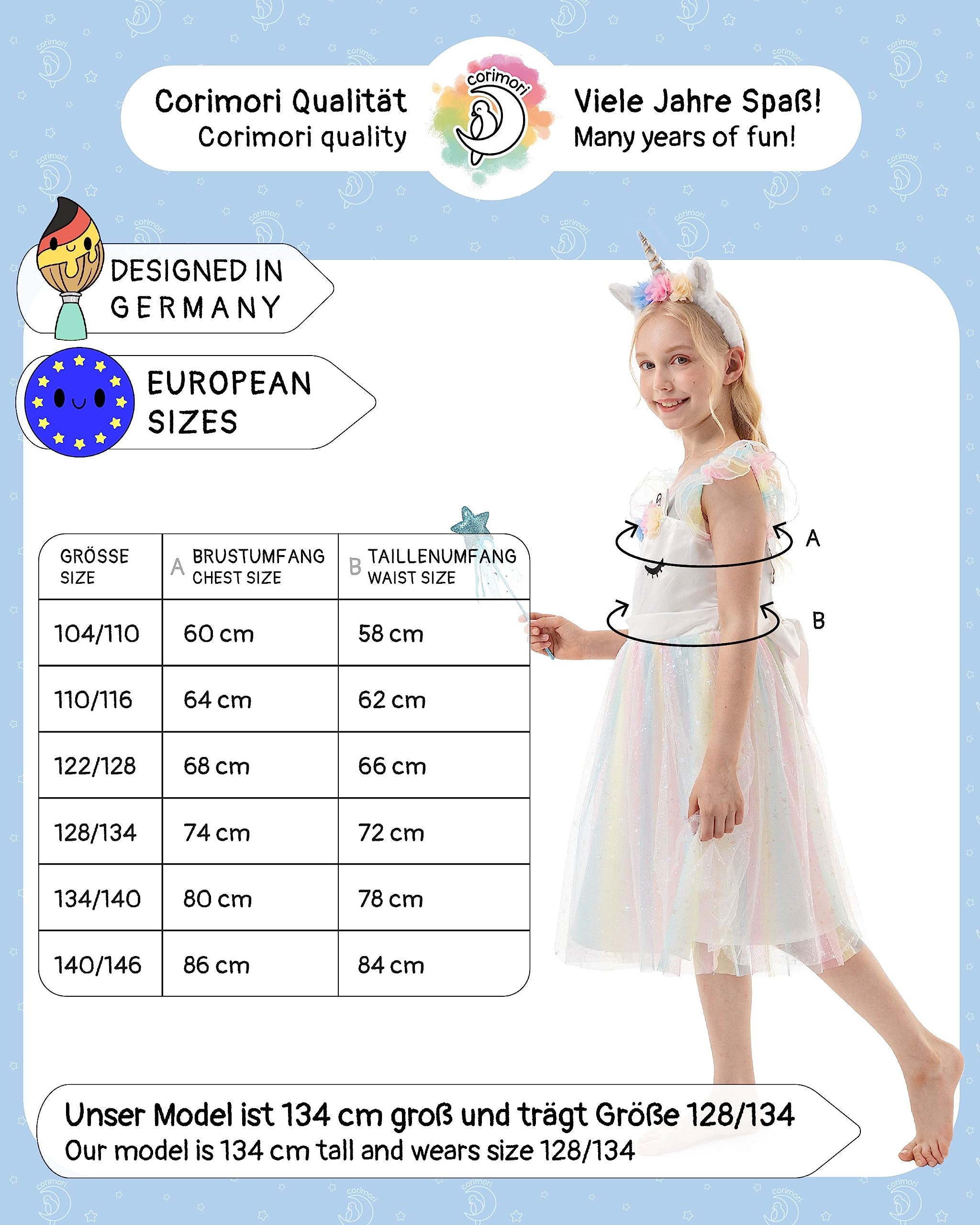 corimori Bequemes Einhorn Kleid für Mädchen mit Flügeln, Haarreif, Glitzer Zauberstab und Tattoos | Einhorn Kostüm Kinder