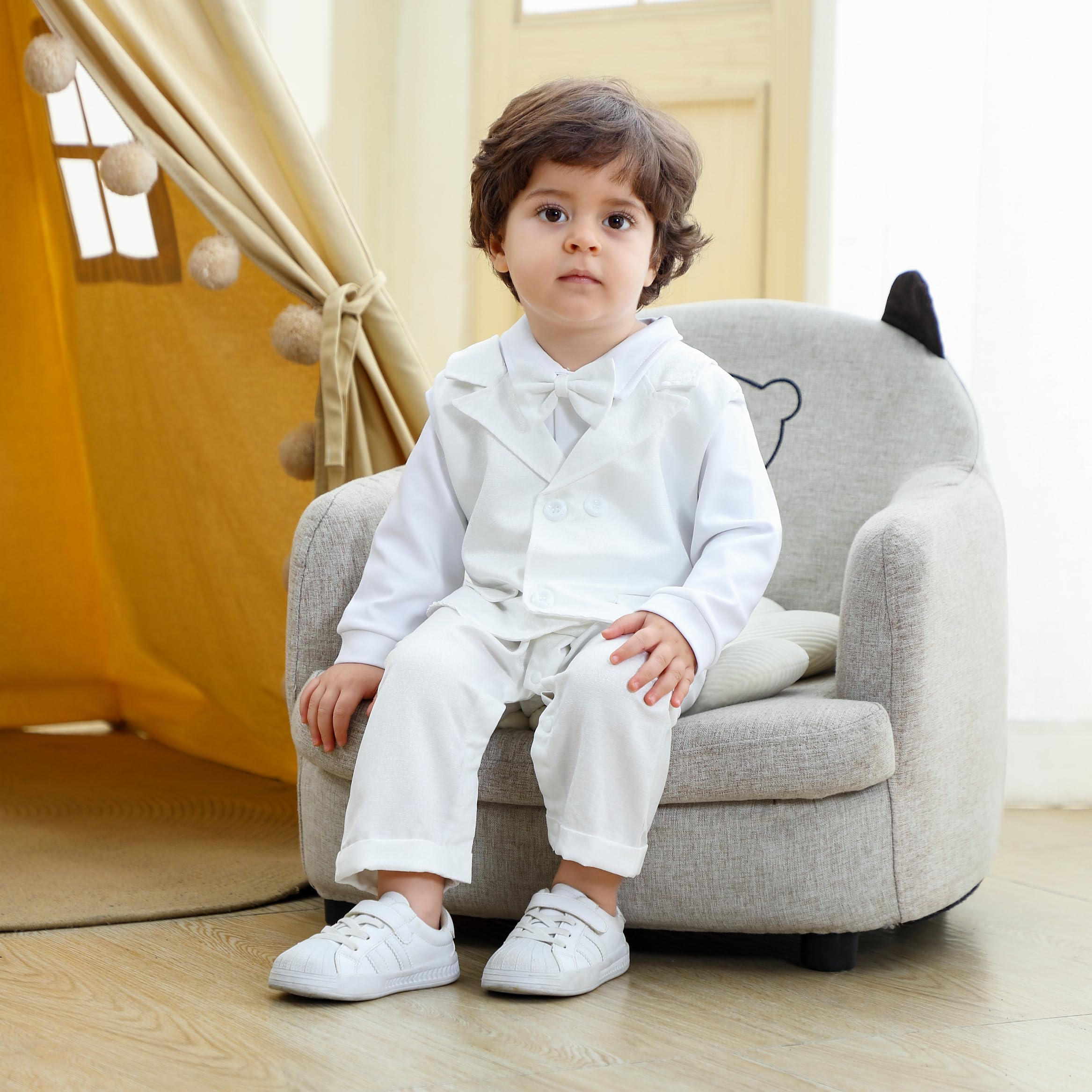 Hresadio Baby Boys Baptism Romper Long Sleeve Christening outfit One-Piece Coverall Bowtie Formal Outfits Clothing White 0-3 Months