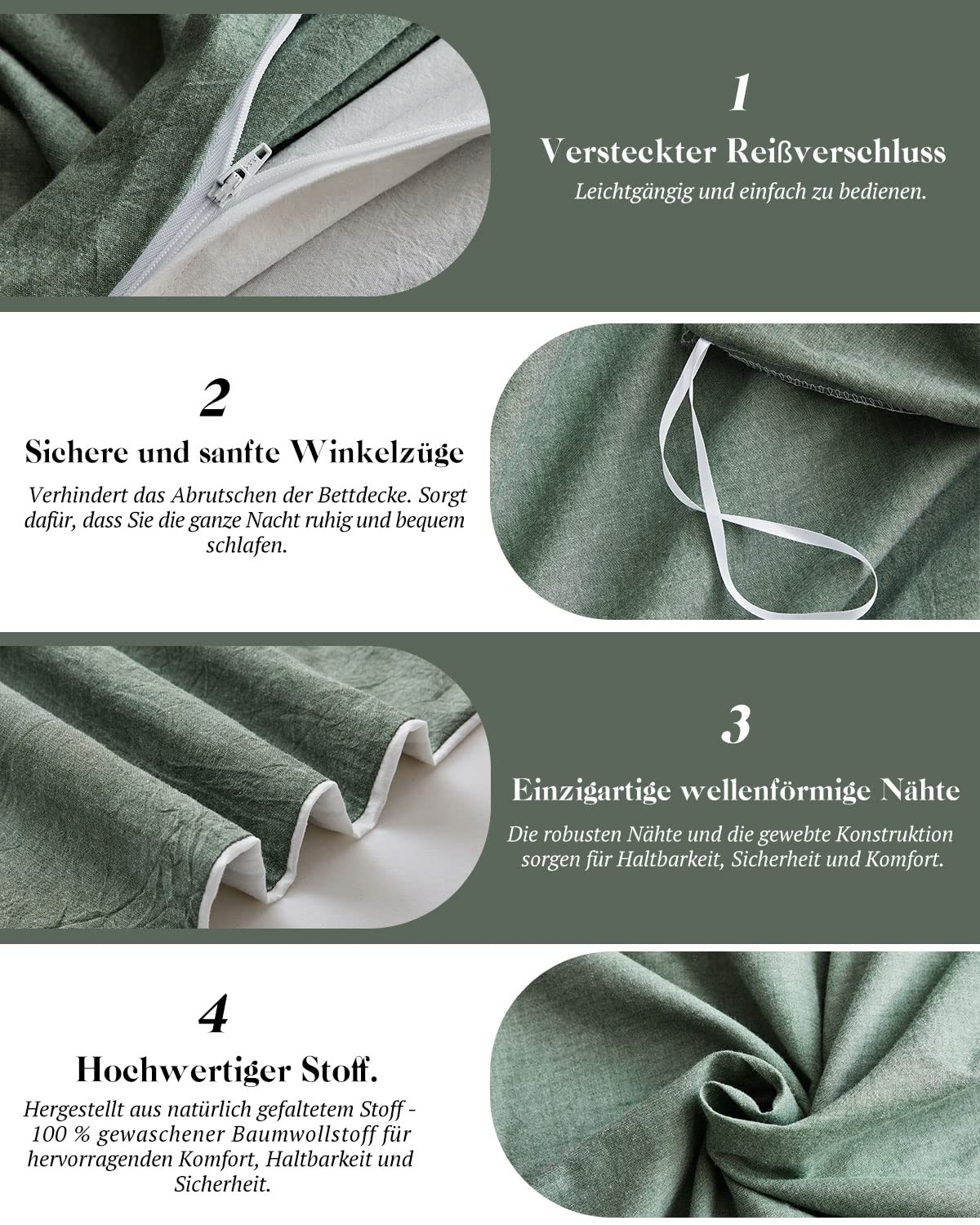 SOULFUL Biancheria da letto, 135 x 200 cm, in cotone, 4 pezzi, Öko-Tex, verde salvia | 100% cotone, effetto lino lavato, chiusura lampo, 1 copripiumino da 135 x 200 cm e 1 federa da 80 x 80 cm