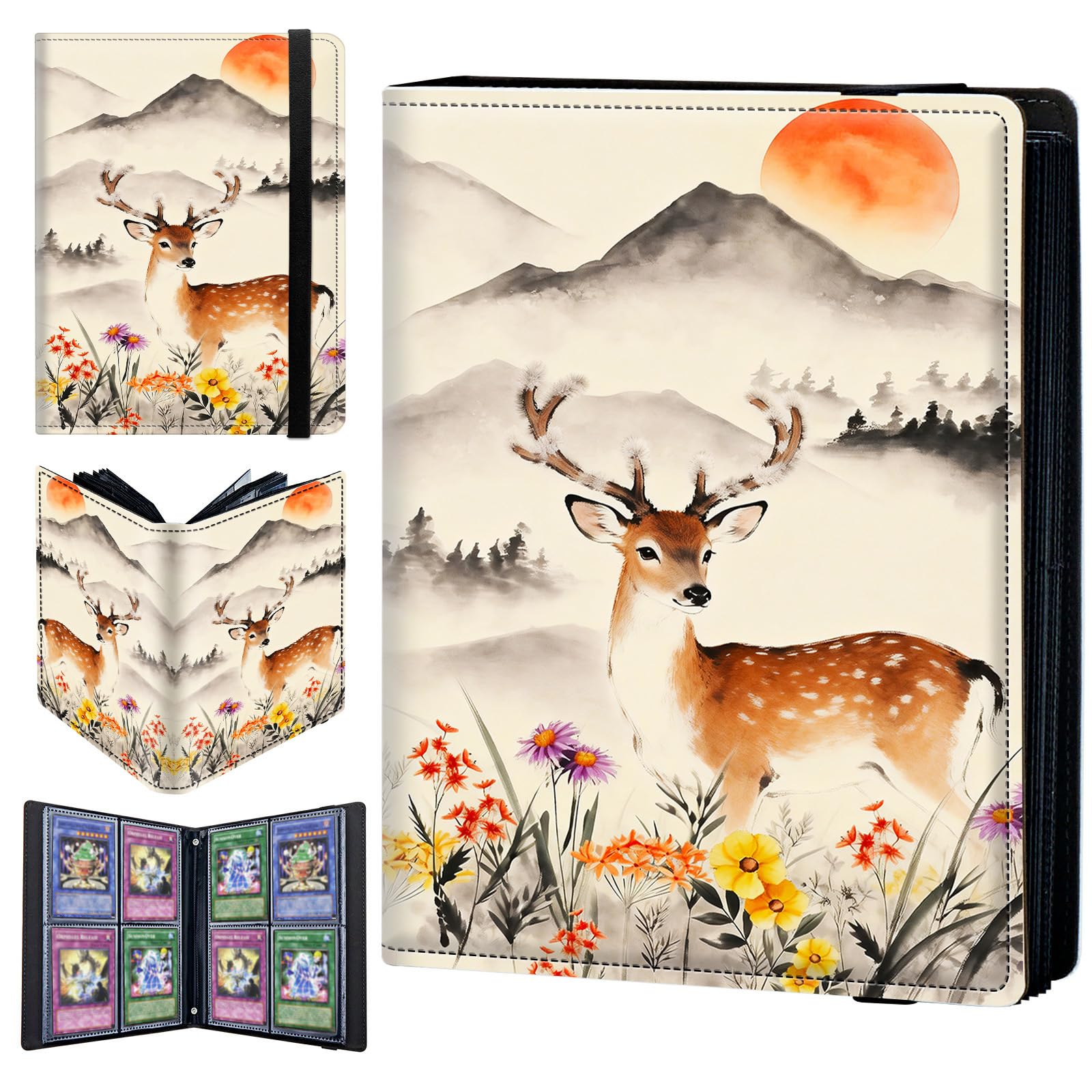 4 Pocket Trading Card Binder 320 Side Loading Pocket Album with Mountain Flowers Deer Pattern Design Card Binder for Sports Cards & Game Cards