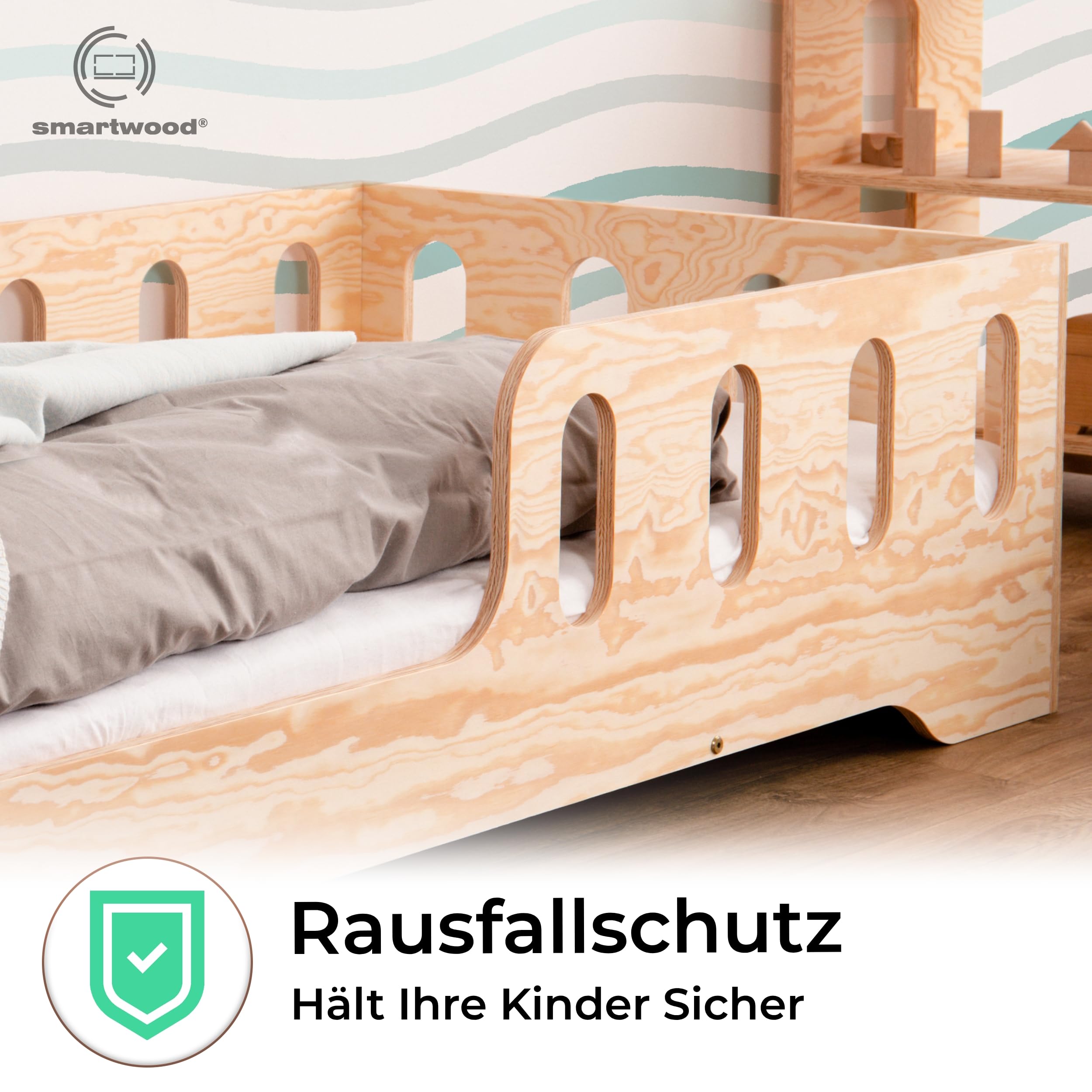 smartwood Bodenbett 90x200 cm mit Rausfallschutz, Holz, TILA 1L | Montessori Kinderbett, Lattenrost belastbar bis 230 kg, FSC-Zertifikat, abgerundete Kanten, Einfache Montage, ab 3 Jahren