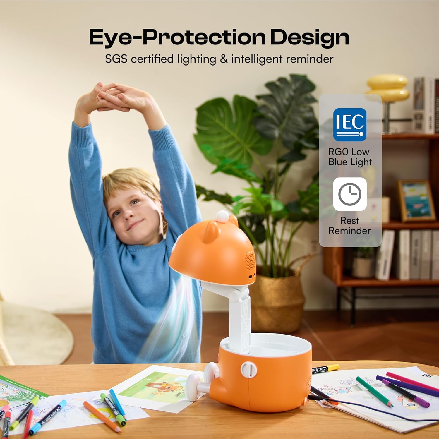 Child stretching, illustrating the eye-protection features of the T3 projector