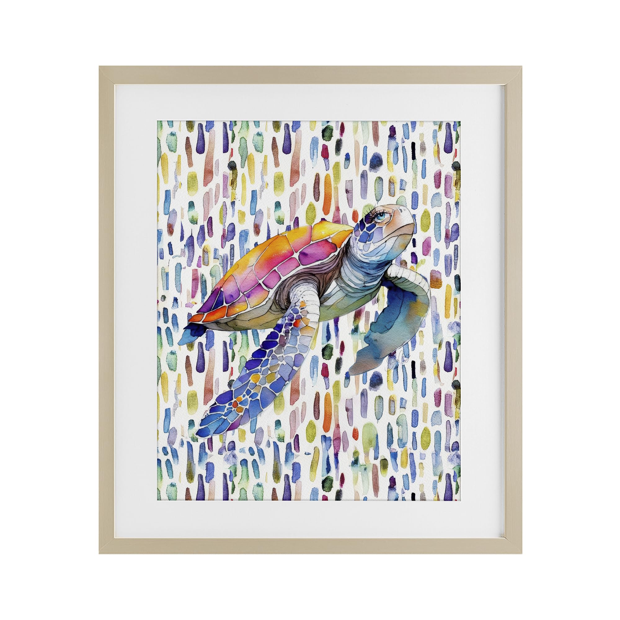 Stupell Industries Harvest Pine (Textured) 'Turtle On Colorful Dots'| Framed Print Under Glass