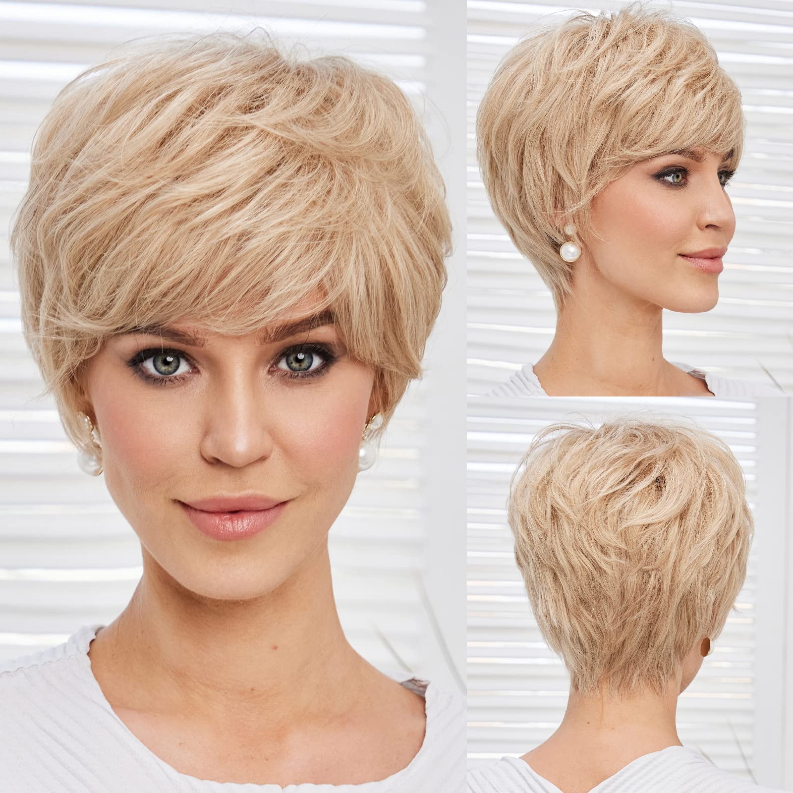 HAIRCUBE Short Creamy Blonde 100% Human Hair Wigs for Women,Pixie Cut Curly Wig With Bang Glueless Wigs Natural Daily Use