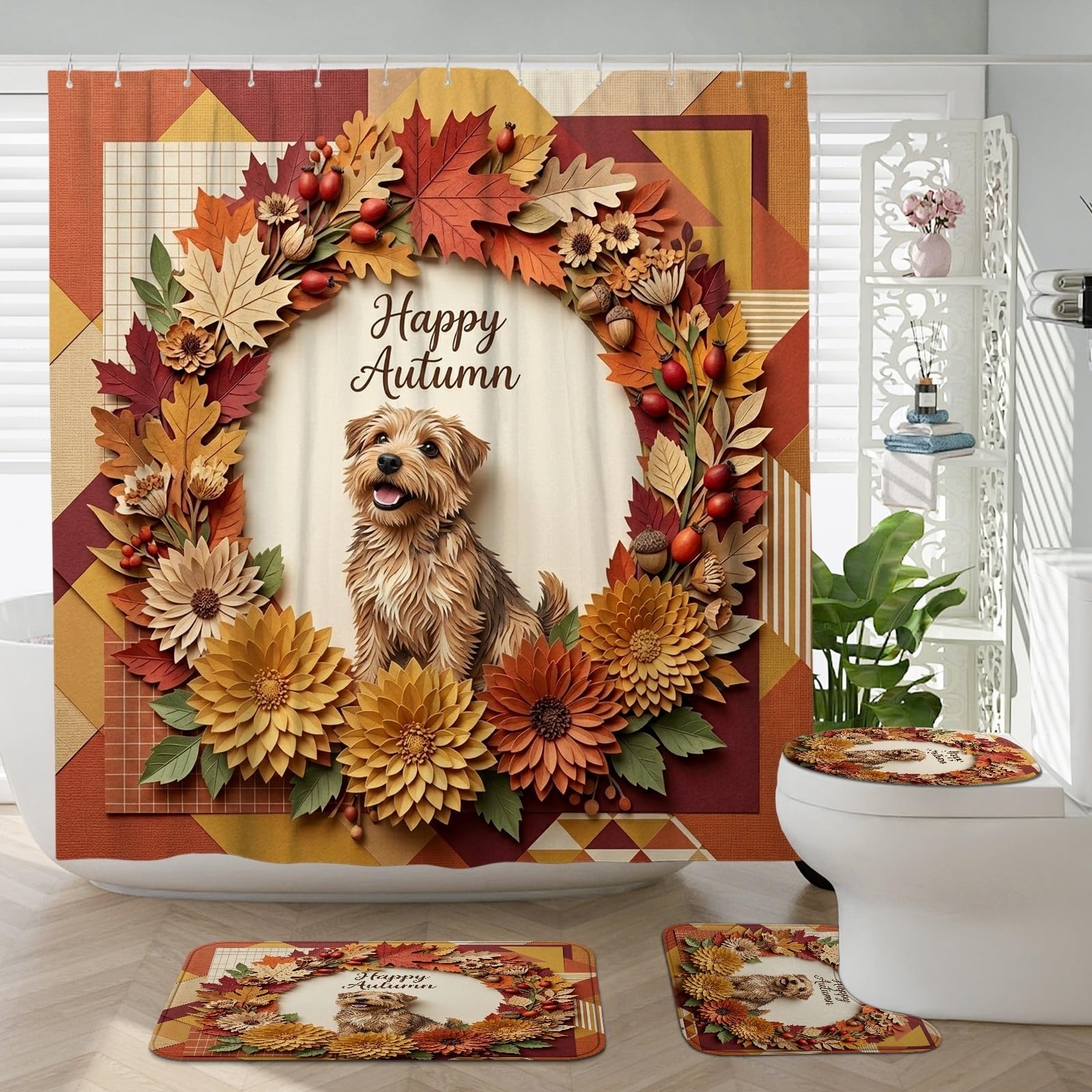 Tapis antidérapant Norfolk Terrier et set de bain 4 pièces absorbant pour le sol