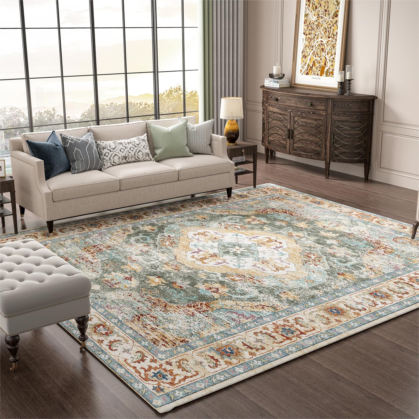 Washable Area Rug, 8x10 Large Area Rug for Living Room, Soft Area Rug for Bedroom, Vintage Design, Stain Resistant Rugs, TPR Anti-Slip Backing, Non Shedding, Floral Area Rug