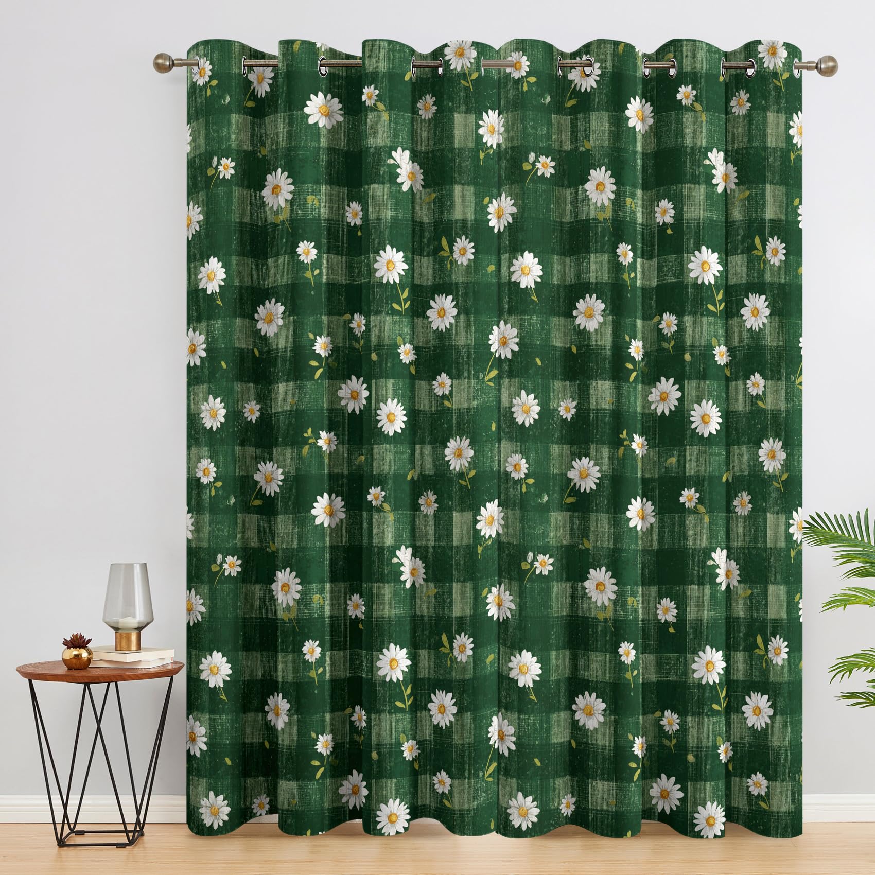 Gänseblümchen Vorhänge Mit ösen Blickdicht, Salbeigrün Blumen Karo Vorhang Schlafzimmer Wohnzimmer Küche 110 x 215 cm Lang, Übergardinen Innen Verdunklungsvorhänge
