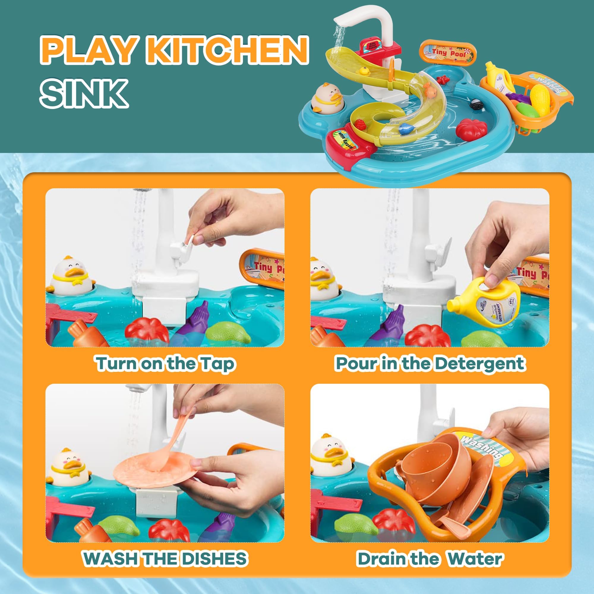 Giocattoli per lavello da Cucina per Bambini,Lavastoviglie Giocattolo Con Acqua Corrente, Rubinetti Automatici Accessori Stoviglie, Gioco Di Ruolo Lavello Set Regali Per Bambini 3+Anni