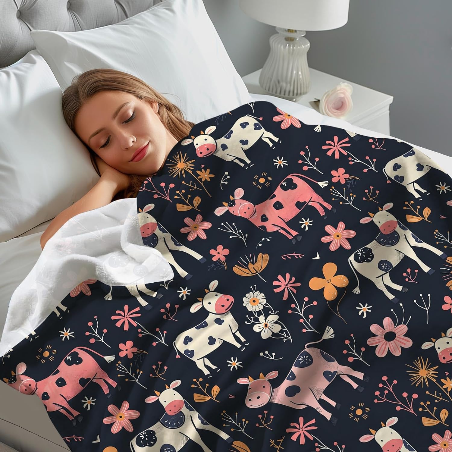 KOYI Cow Blanket, Funny Milk Cow with Floral Flowers Throw Blanket, 60"x50"