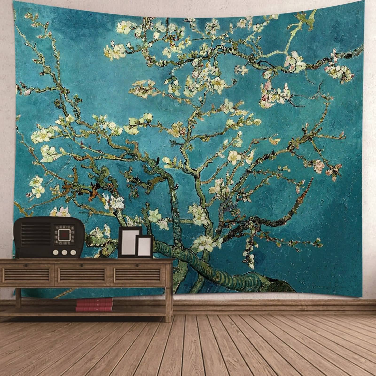 KnBoB Tapisserie Murale Tissu Polyester Non Déformé Drap Mural Thème Plante Fleur de Prunier Tapisserie Chambre 200x200CM