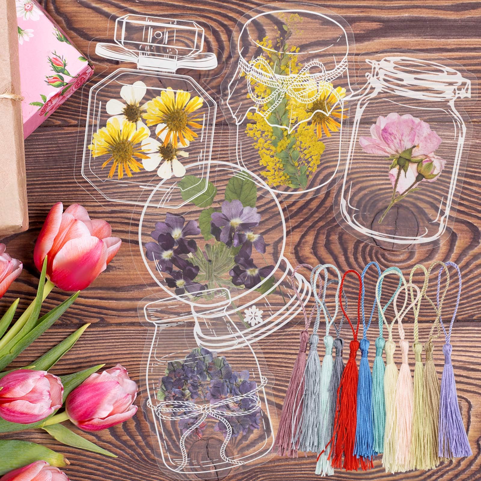 Yitexin 100 Pieces DIY Clear Dried Flower Bookmark Kit with Tassels, Transparent Floral Pressed Flower Bookmark Making Handmade Jar Shaped Acrylic Craft (Transparent)