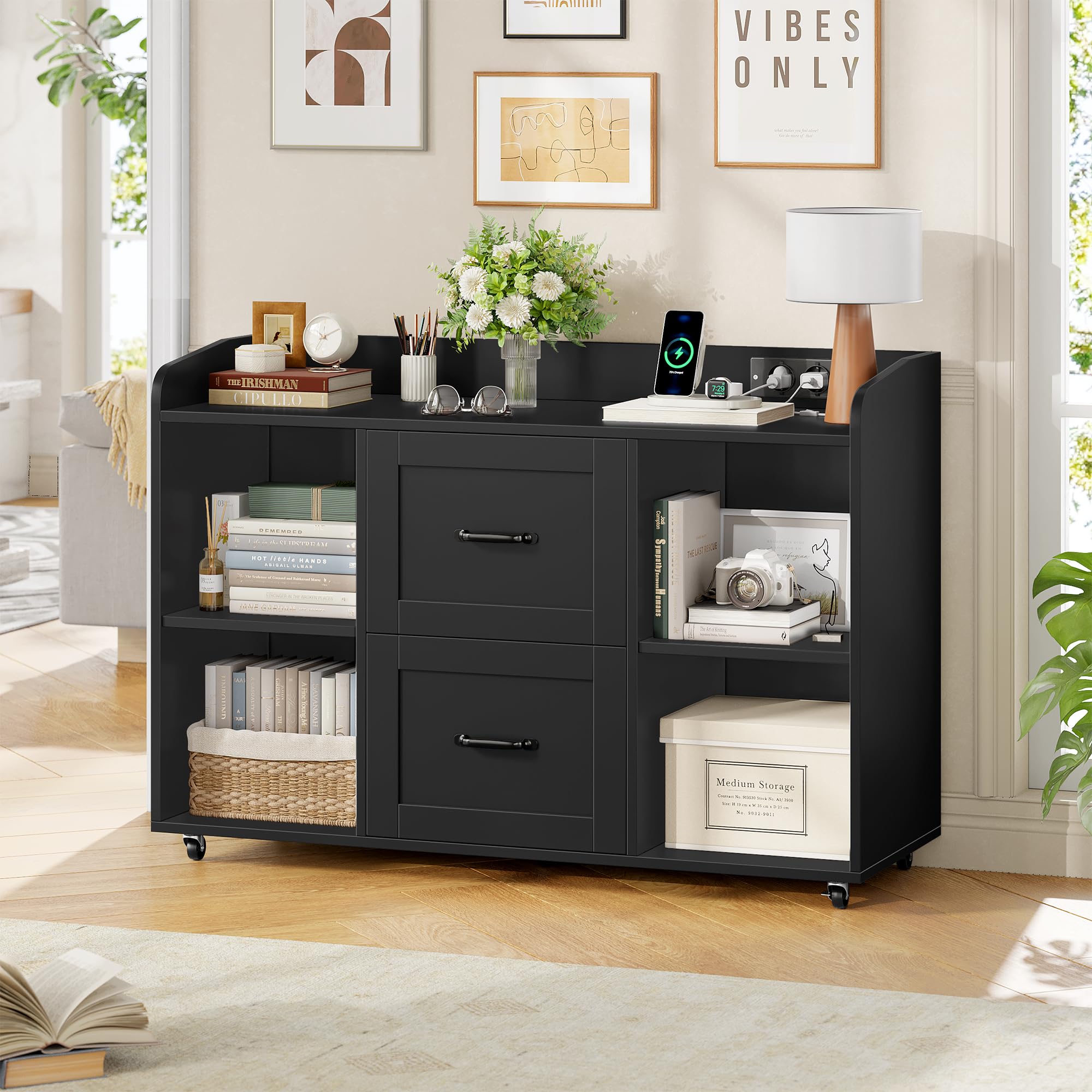 HOCSOK Caisson Bureau, Support d'Imprimante, avec Prises Électriques et 2 Ports USB, Meuble de Rangement à 5 roulettes Mobile, pour Dossiers A4/Letter/Legal, Armoire de Rangement pour Bureau, Ecole