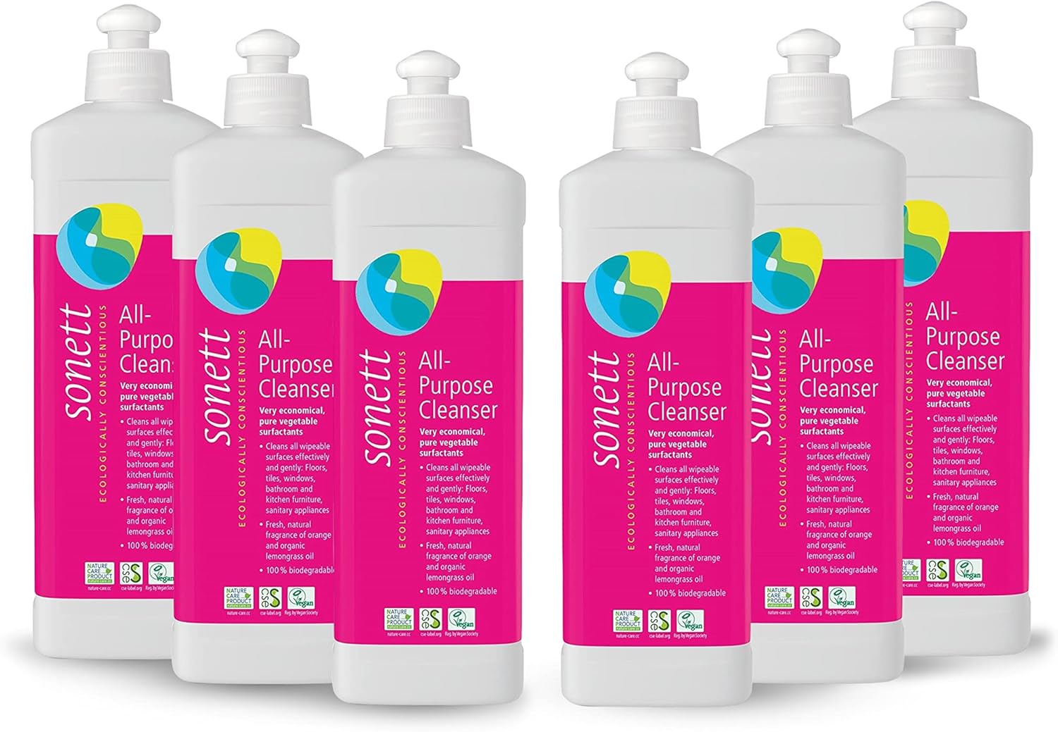 Sonett Organic Universal All Purpose Cleaner Cleans all wipeable surfaces effectively and gently: Floors, tiles, windows 17 fl.oz (Pack of 6)