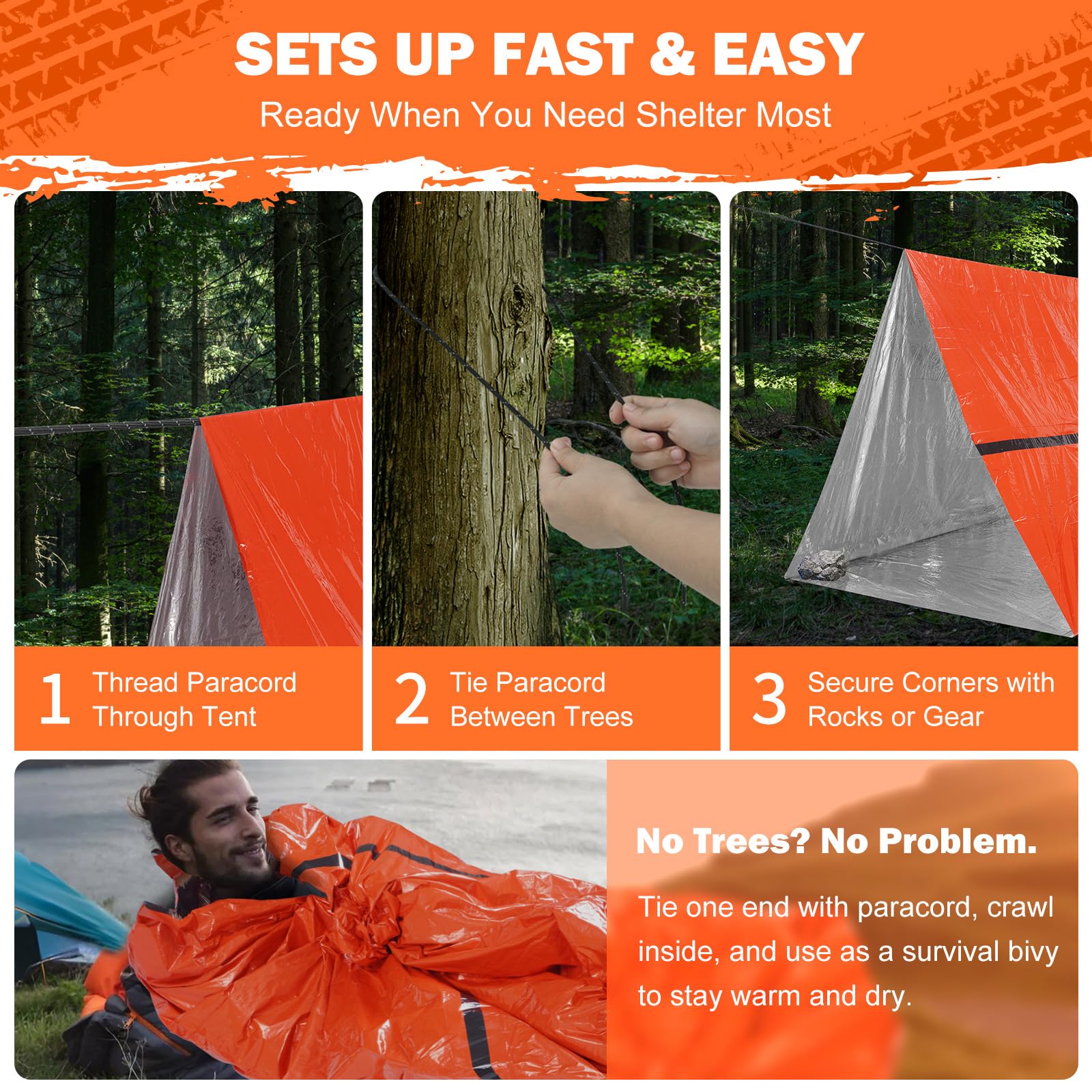 Tente de survie d'urgence – Tente de survie pour 2 personnes en Mylar avec sifflet d'urgence et paracorde, équipement de survie essentiel pour le camping, la randonnée et les kits de survie