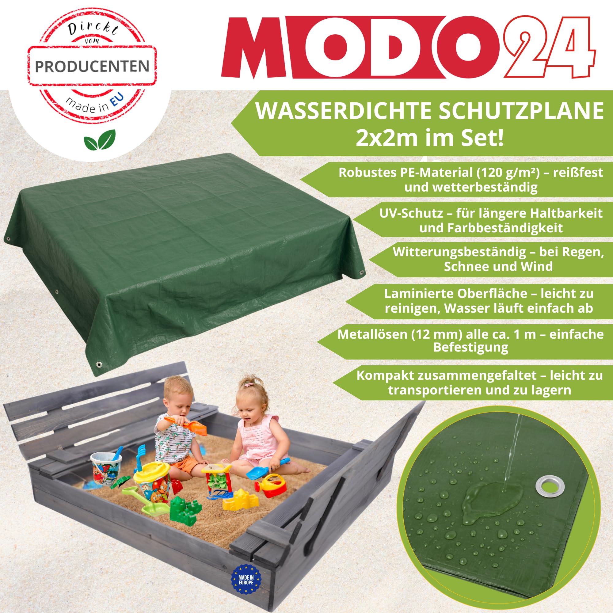 Sandkasten mit Deckel, Sitzbänken und Schutzplane, Holzsandkasten, Gartenspielzeug für Kinder, Sandkasten für Garten, Outdoor Sandkasten, Abmessungen 140x137 cm, Farbe: Grau (imprägniert)
