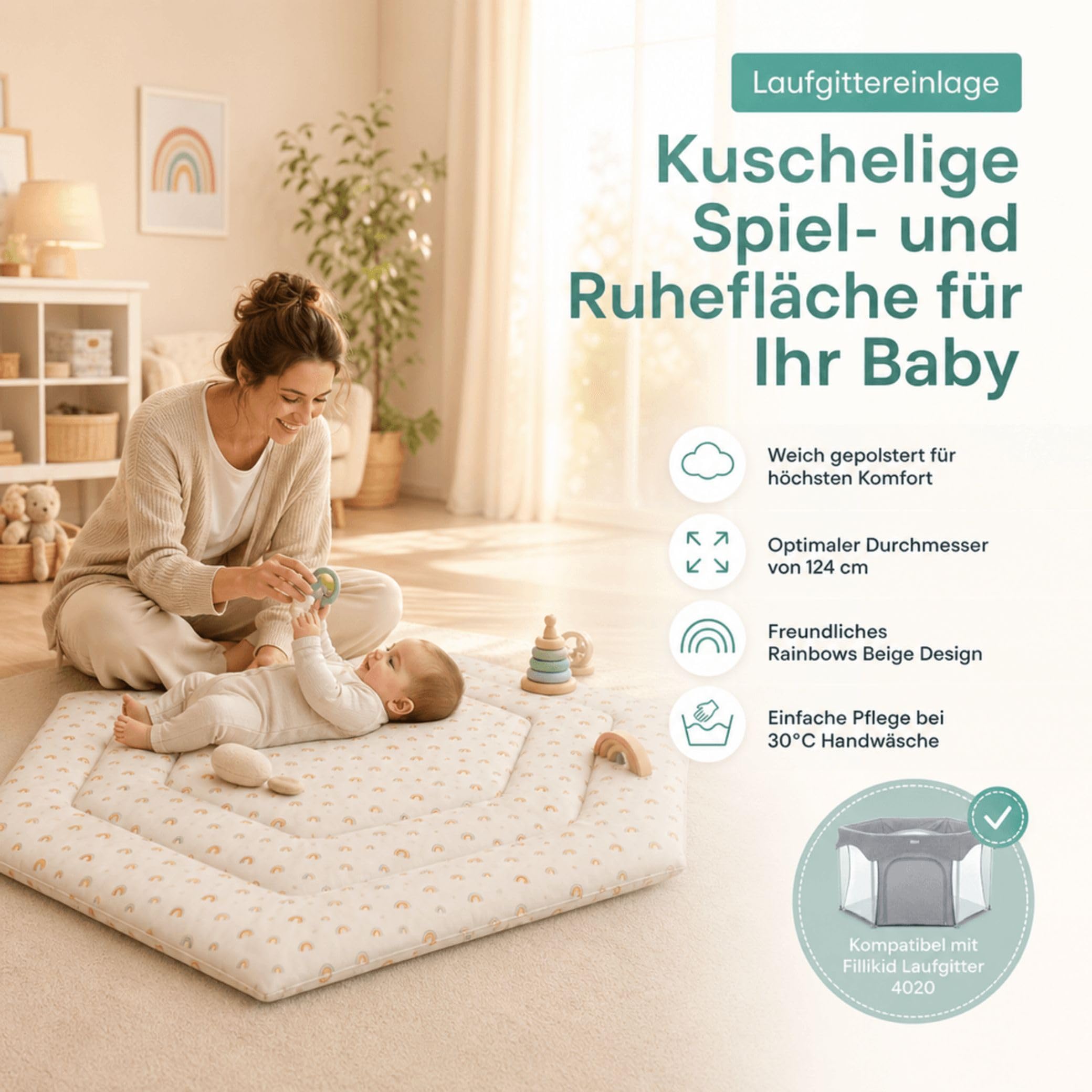 Fillikid Einlage Laufstall 6-eckig Exklusiv | Krabbeldecke Laufgitter 120 cm | Schutzeinlage Laufgitter weich gepolstert | Spieldecke waschbar | Laufgittereinlage