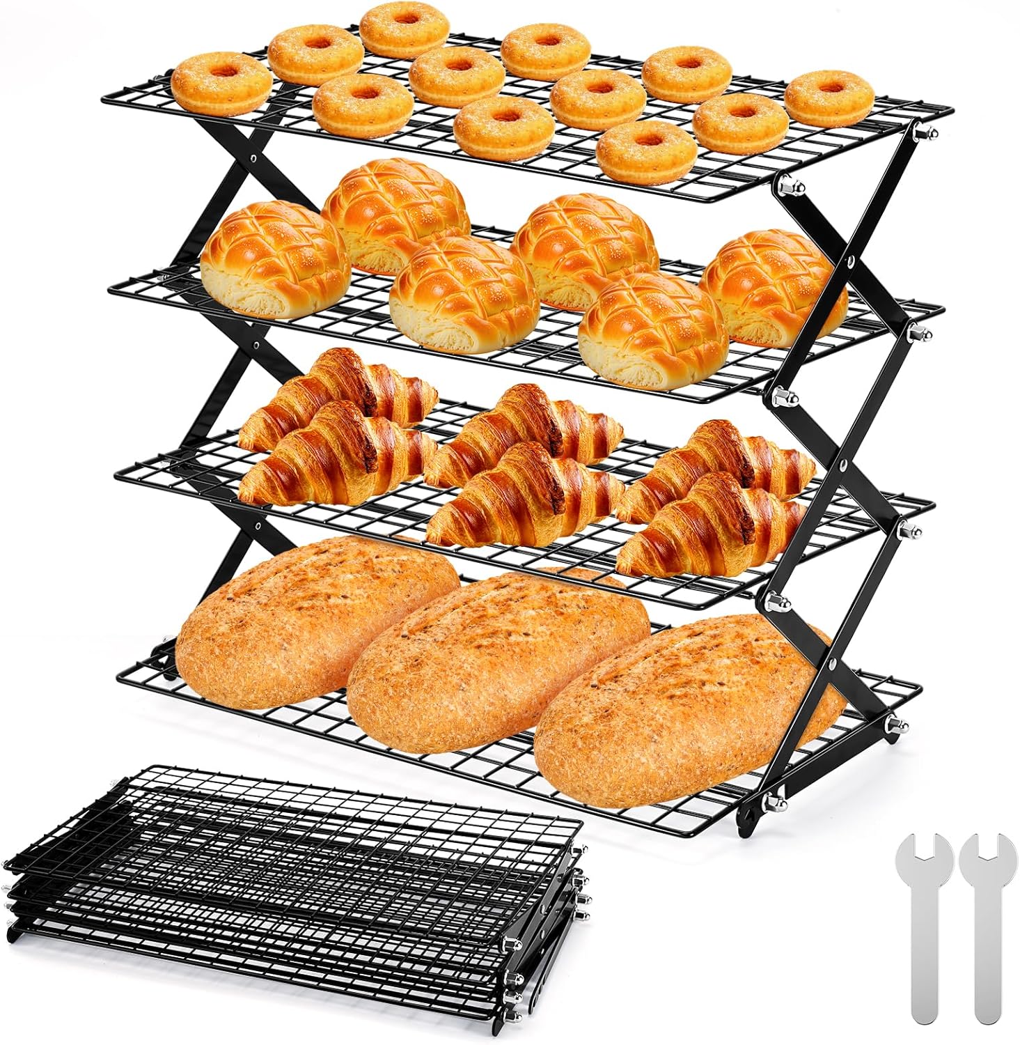 4-Tier Collapsible Cooling Rack with 4 Heights Adjustable, Metal Wire Baking Rack Food-grade Cooling Racks for Cooking and Baking Roasting ＆ Grilling Gifts for Picnic Party