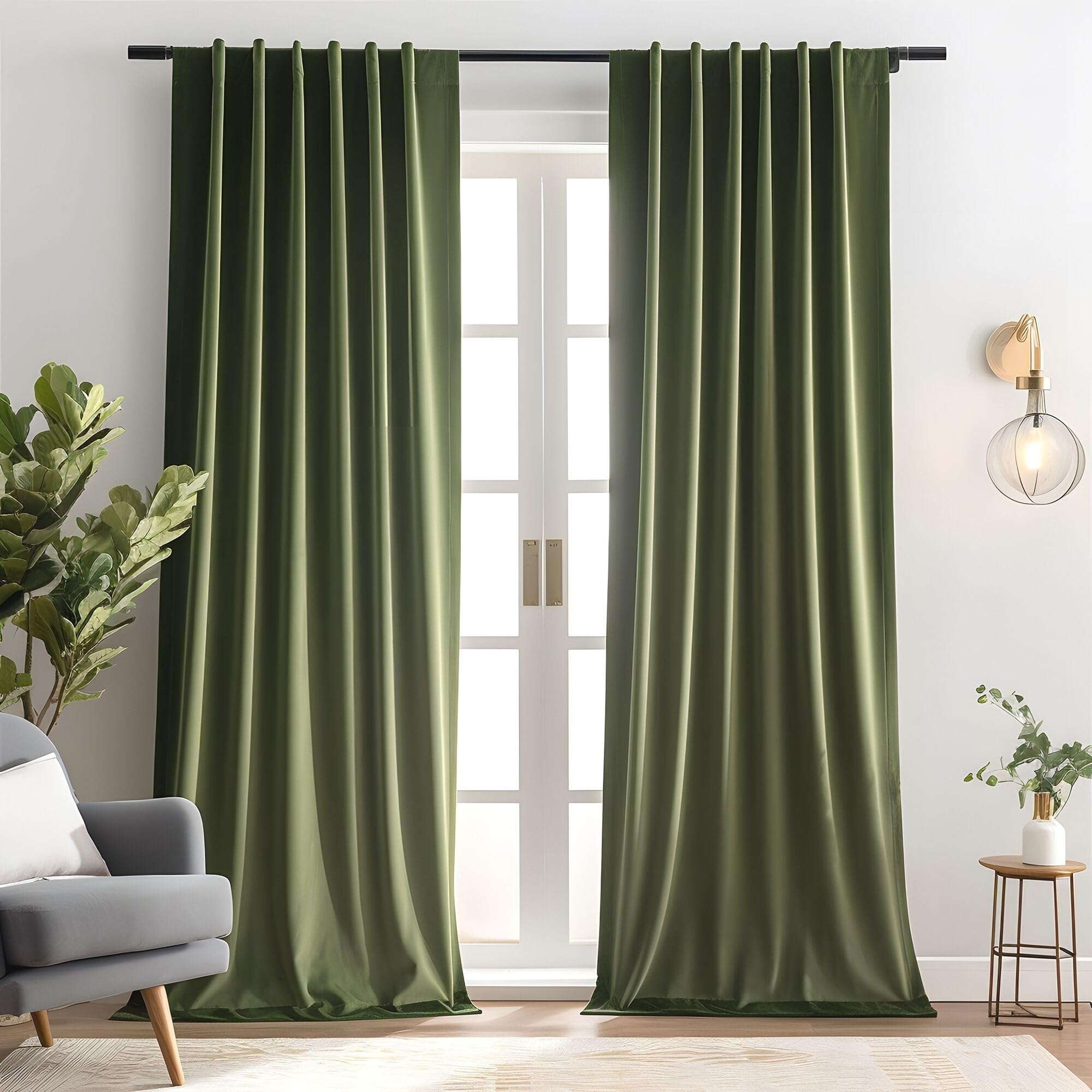 Aljctns Olive Green Velvet Curtains 90 inches Long Luxury 80% Blackout Curtains for Bedroom Living Room,Thermal Insulated Super Soft Window Drapes Rod Pocket & Back Tab, 52" W x 90" L, 2 Panels