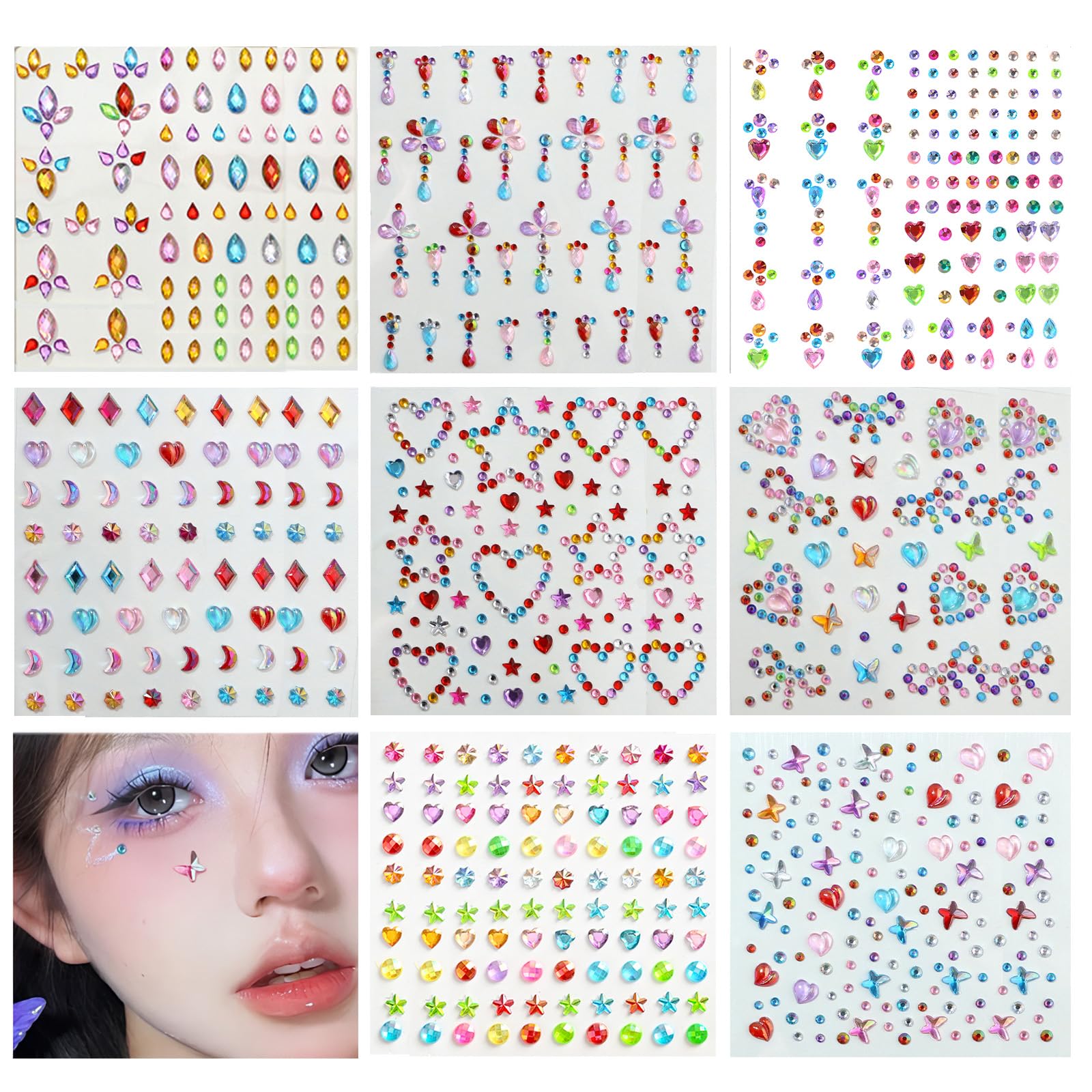mefeny ラインストーン シール 顔シール メイク ステッカー 子供 キラキラ カラフル 星 ハート リボン 貼り付け可能 ダンス DIY用品 コンサート 8枚