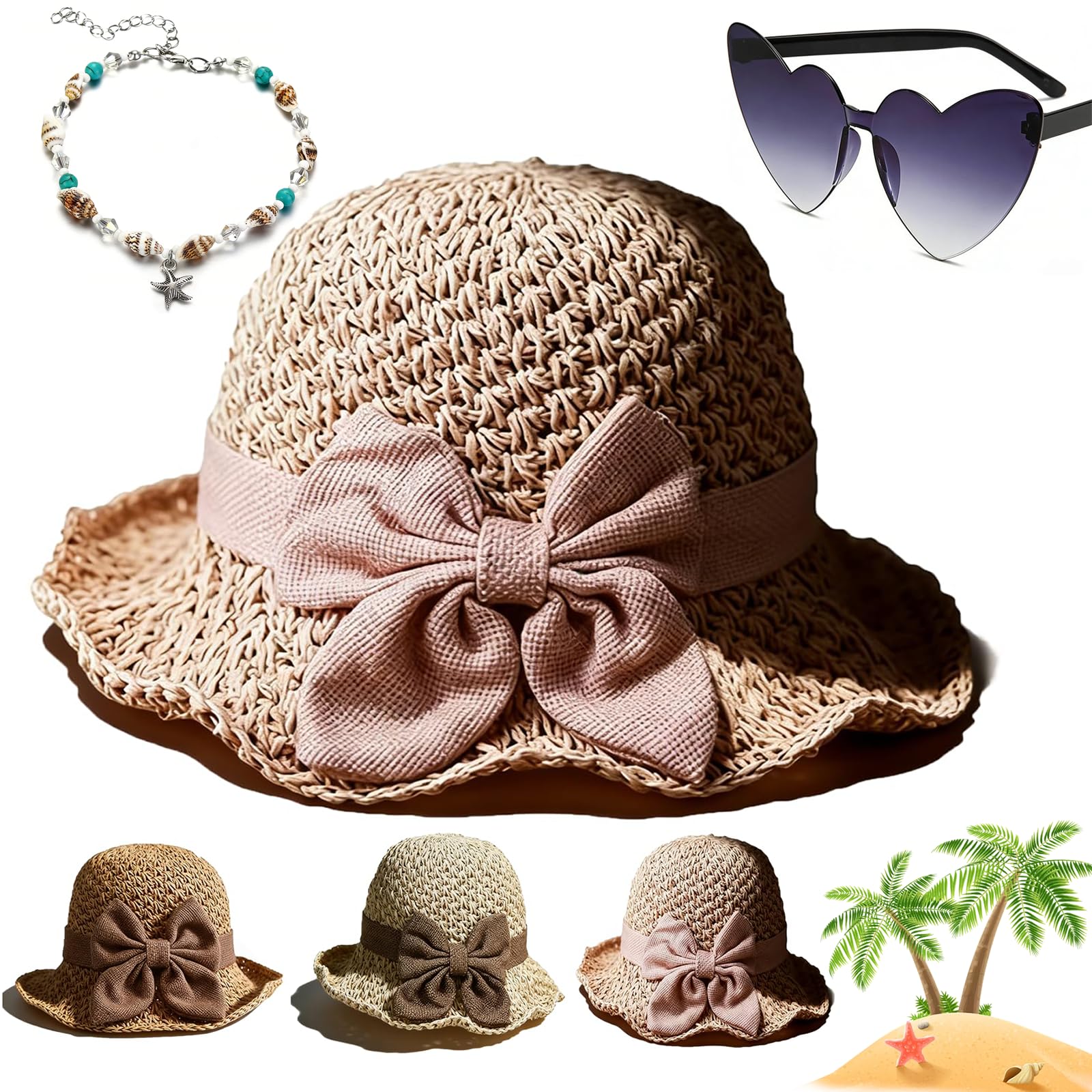 Gienslru Versatile Retro Woven Handmade Straw Hat with Ruffled Bow, Flower Shape Cloche Hat, Uv Protection Ruffle Wide Brim Straw Bucket Hats, Foldable Breathable Travel Beach (Pink)