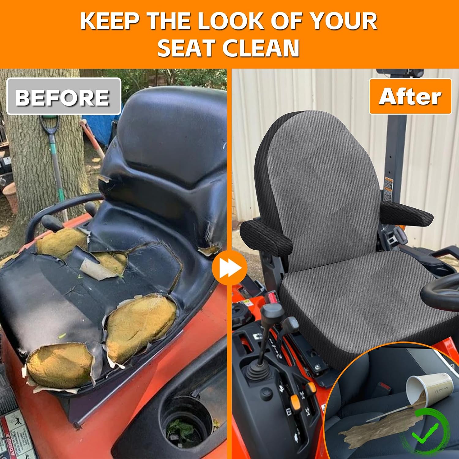 Tractor Seat Cover Compatible with Kubota BX2380/BX2680, Heavy Duty Knitted Sponge Seat Cover with Armrests & Tool Pockets, Black and Charcoal